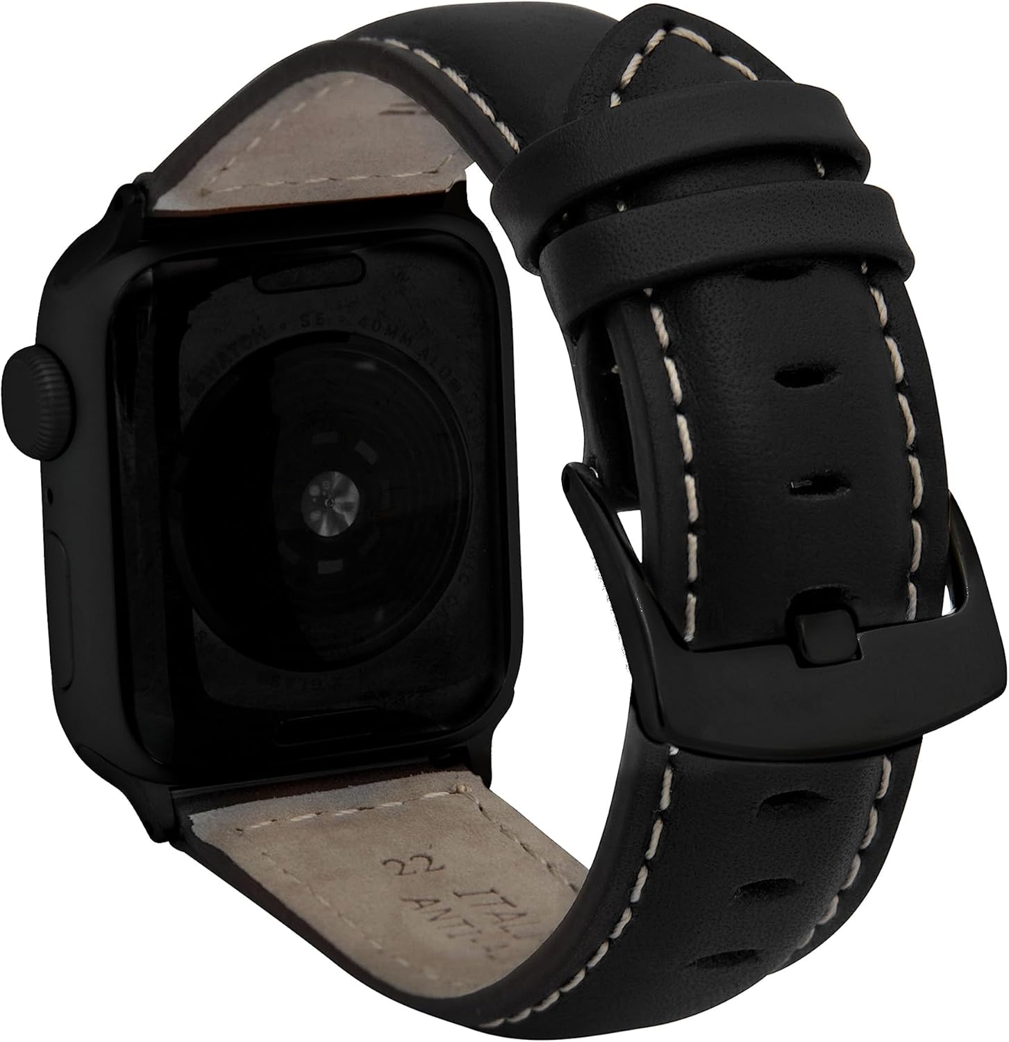 Bandini Mens Classic Leather Band for Apple Watch Band 46mm 45mm 42mm 44mm 41mm 40mm 38mm 49mm & Ultra 1 & 2, fits Apple Watch Series 11 10 9 8 7 6 5 4 3 SE, Extra Long XL, Black/Stitch/Black