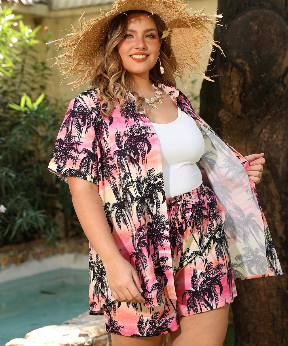 RITERA Womens Plus Size 2 Piece Outfits Cotton Linen Set Button Down Short Sleeve Shirt Drawstring Shorts Beach Vacation Sets - Image 3