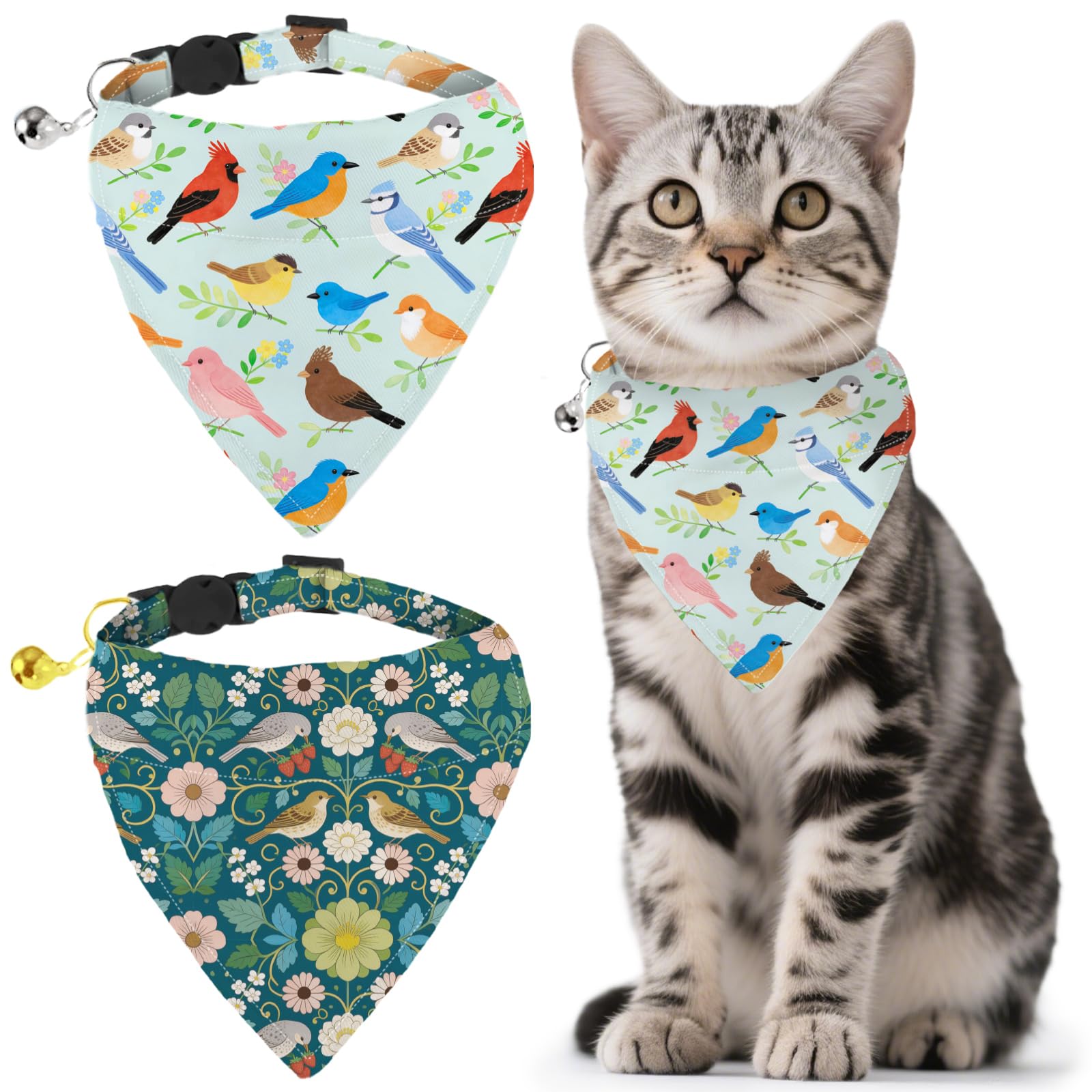 GLOBLELAND 2 Pack Flowers Dog Bandana Collar Pet Triangle Bibs with Bell Birds Adjustable Dog Collar Branches Cat Collars Scarf for Pets Kittens Puppy Cats Dogs