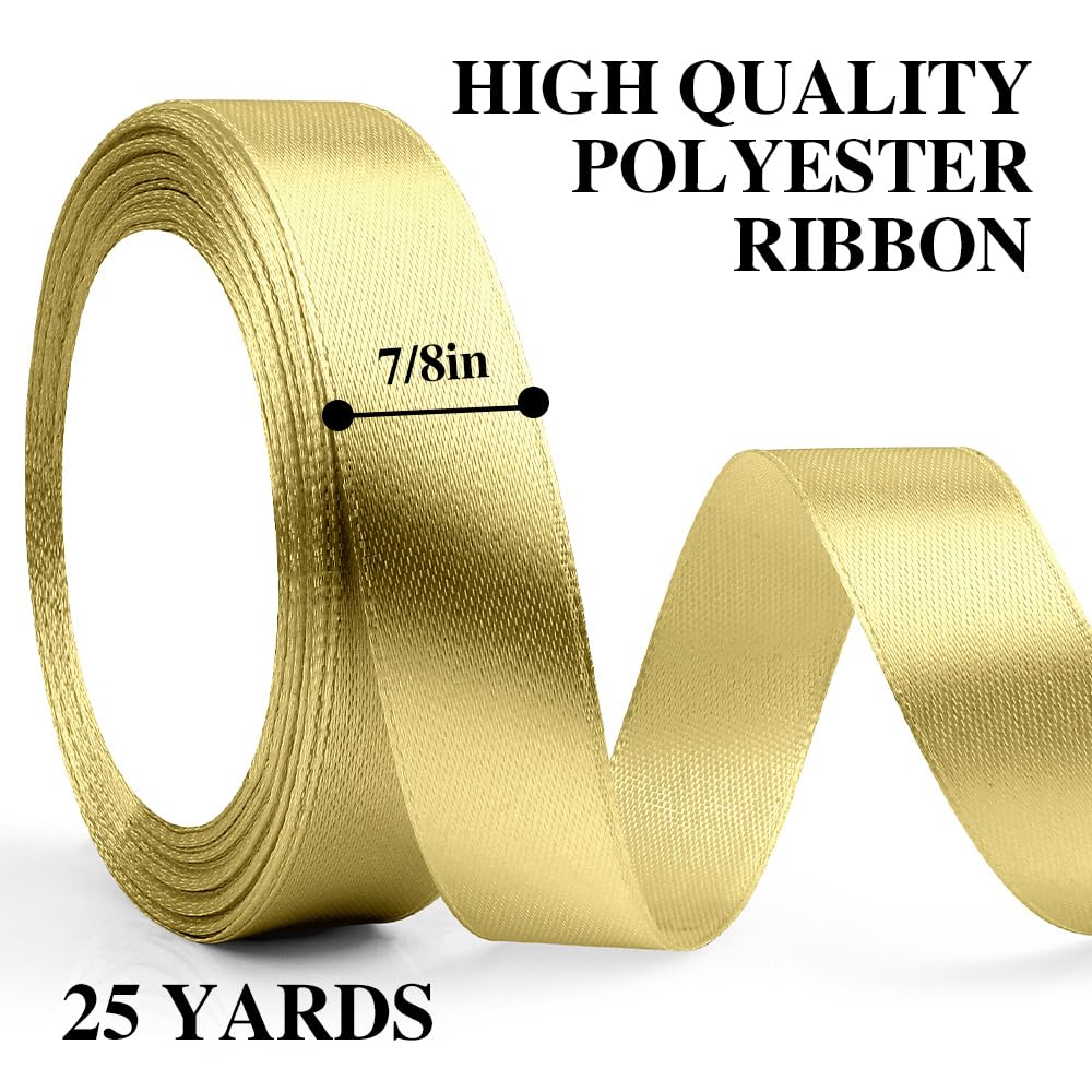 Champagne Gold Satin Ribbons for Gift Wrapping & Decor - 20mm x 23m - Image 2