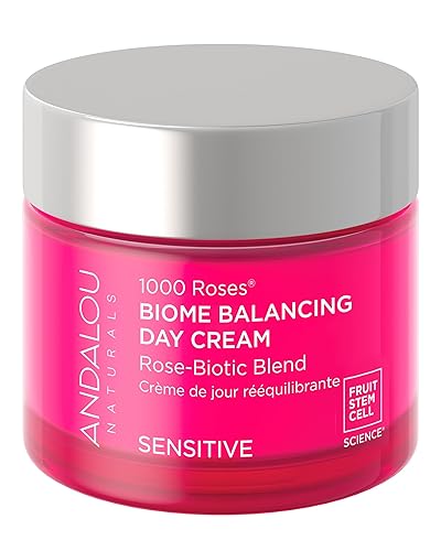Andalou Naturals 1000 Roses Skin Biome Crema de día equilibrante – Hidratante facial ligero con células madre de rosas alpinas, postbióticos –