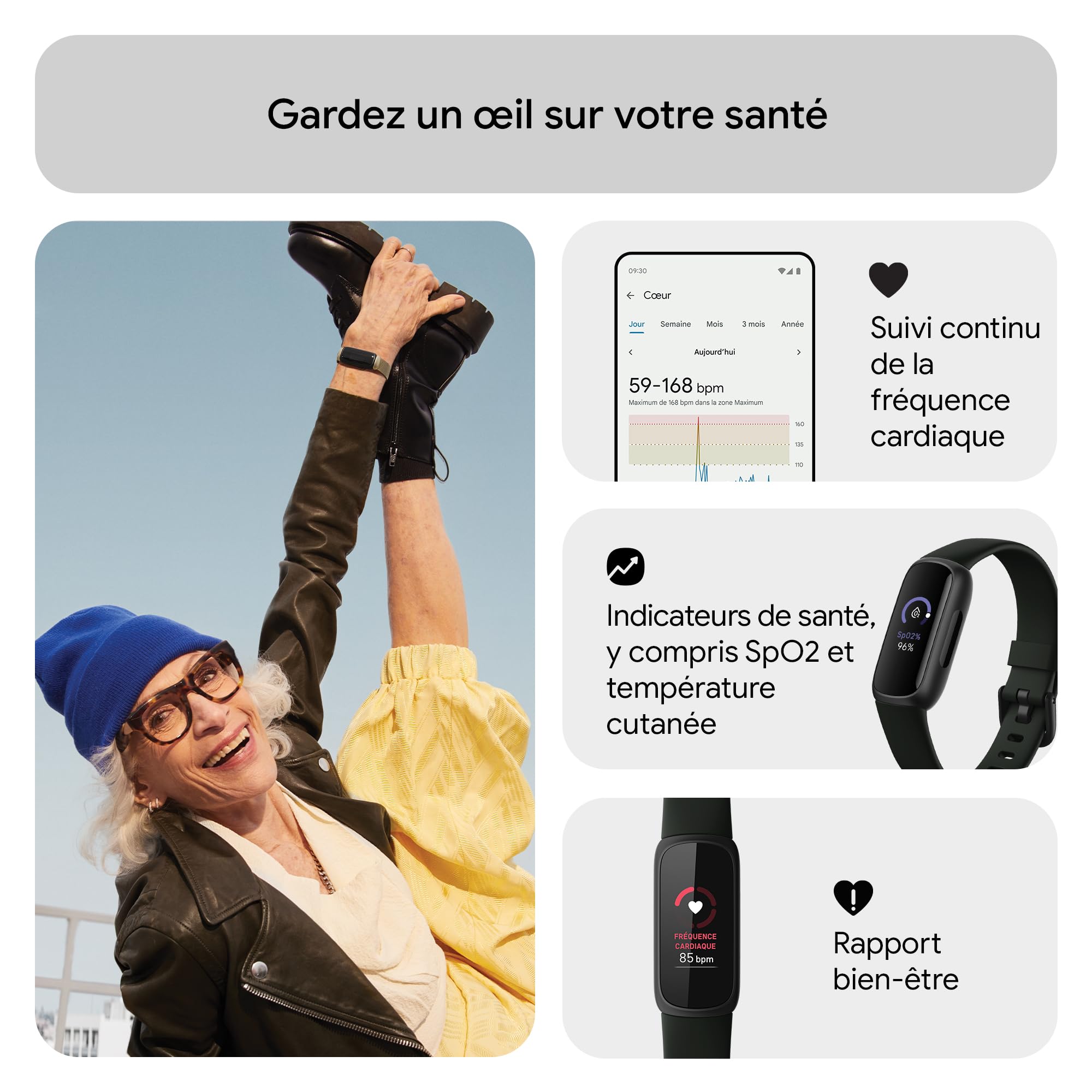 Google Fitbit Inspire 3 Bracelet d’activité sport et santé avec jusqu’à 10 jours d’autonomie de batterie et compatible avec Android et iOS, Parme