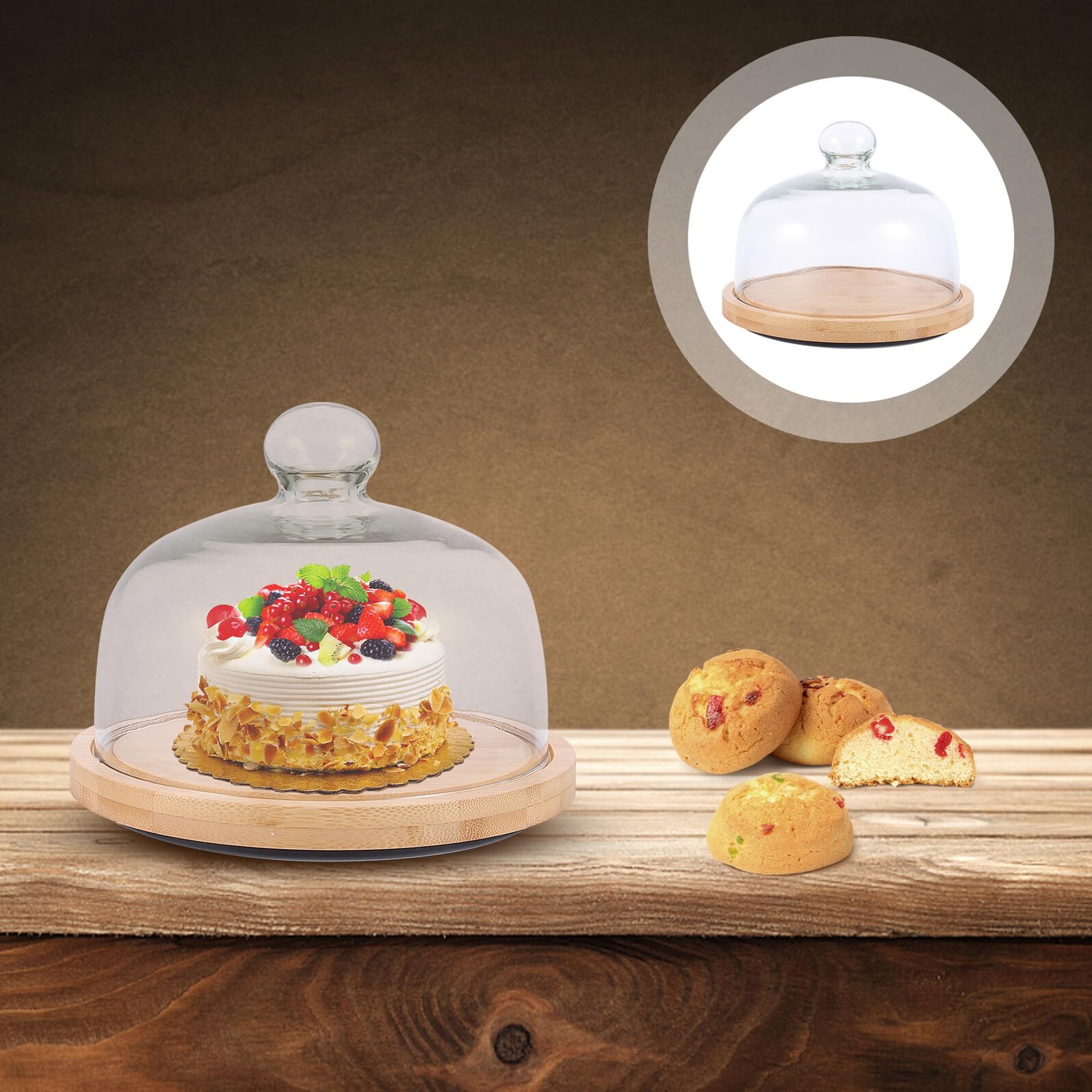VICASKY Drehbare Kuchenplatte mit Glasdeckel Kleine Khaki Servierplatte Transparente Abdeckung Staubdicht für Kuchen Desserts und Snacks für Partys und Küche