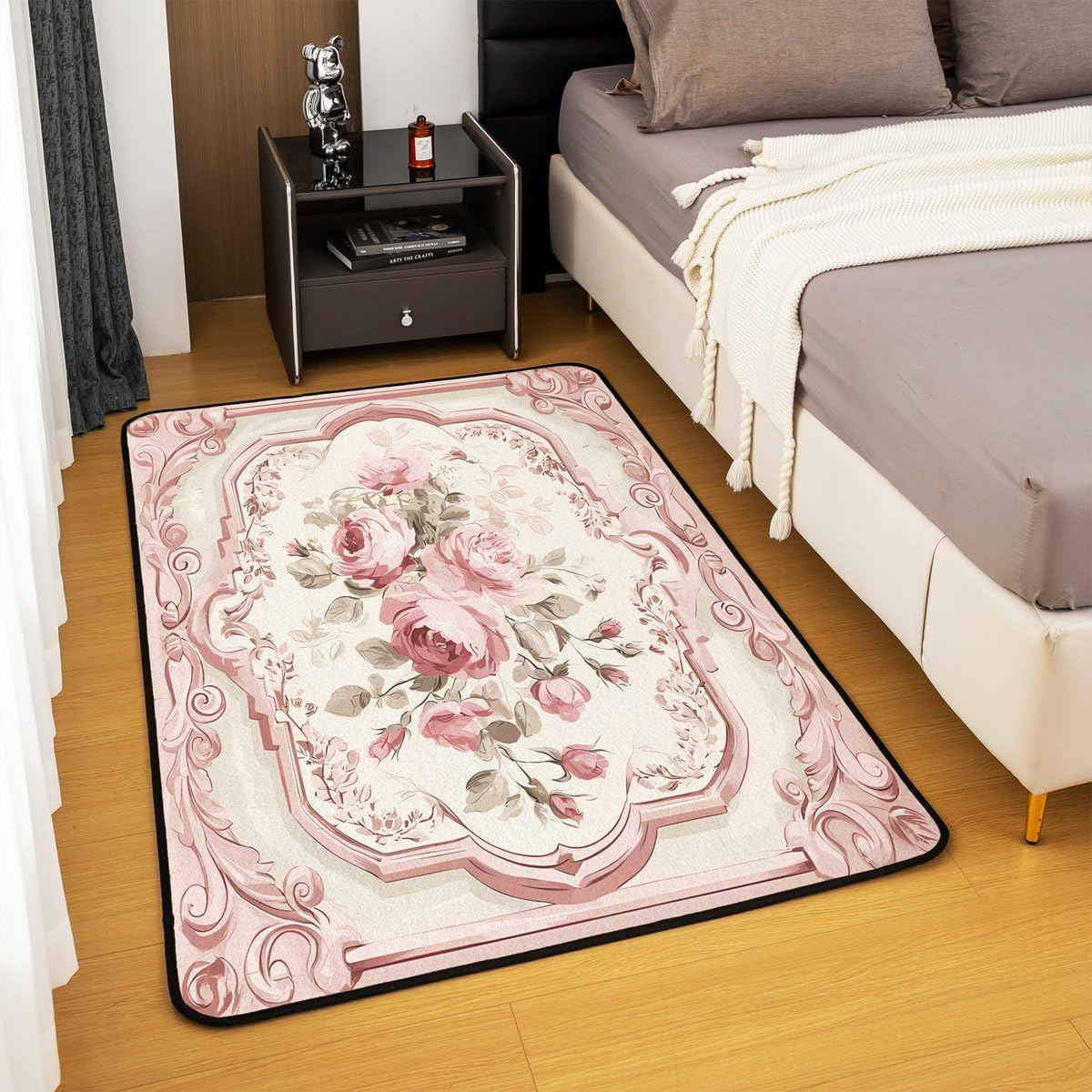 French Country Floral 3x5 Area Rug Pink Rose Rugs for Living Room | Romantic Flowers Washable Rug, Rustic Carpet Indoor Floor Mat