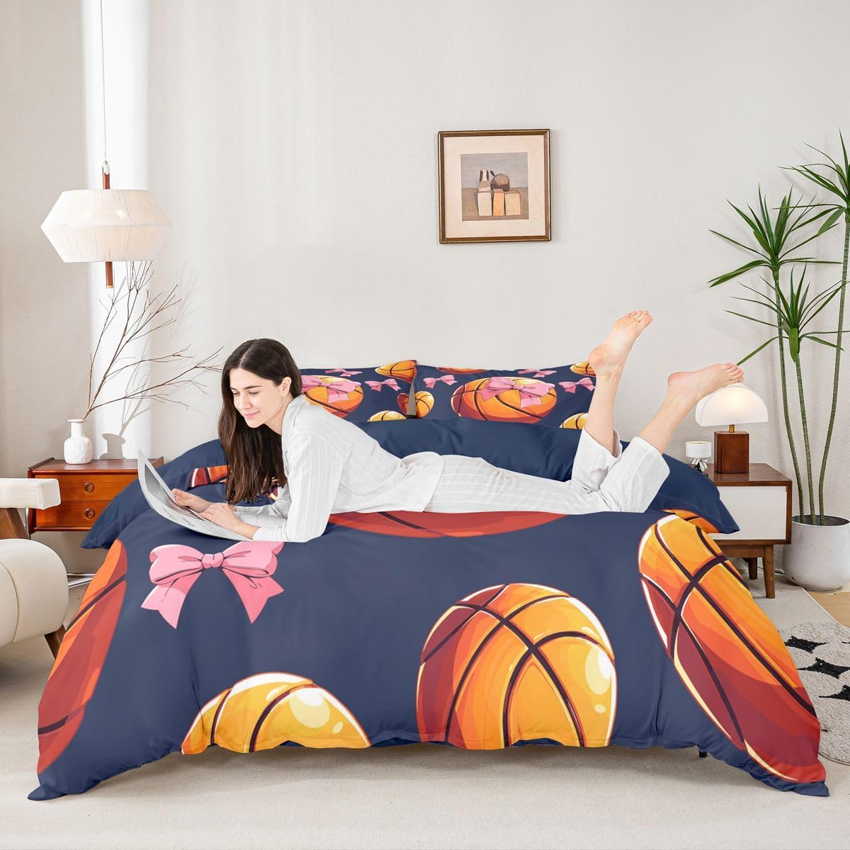 Feelyou Basketball Duvet Cover King Size Pink Bow Comforter Cover for Boys Girls Gaming Sports Bedding Set 3Pcs Gift for Basketball Lover Room Decor Coquette Aesthetic image 3