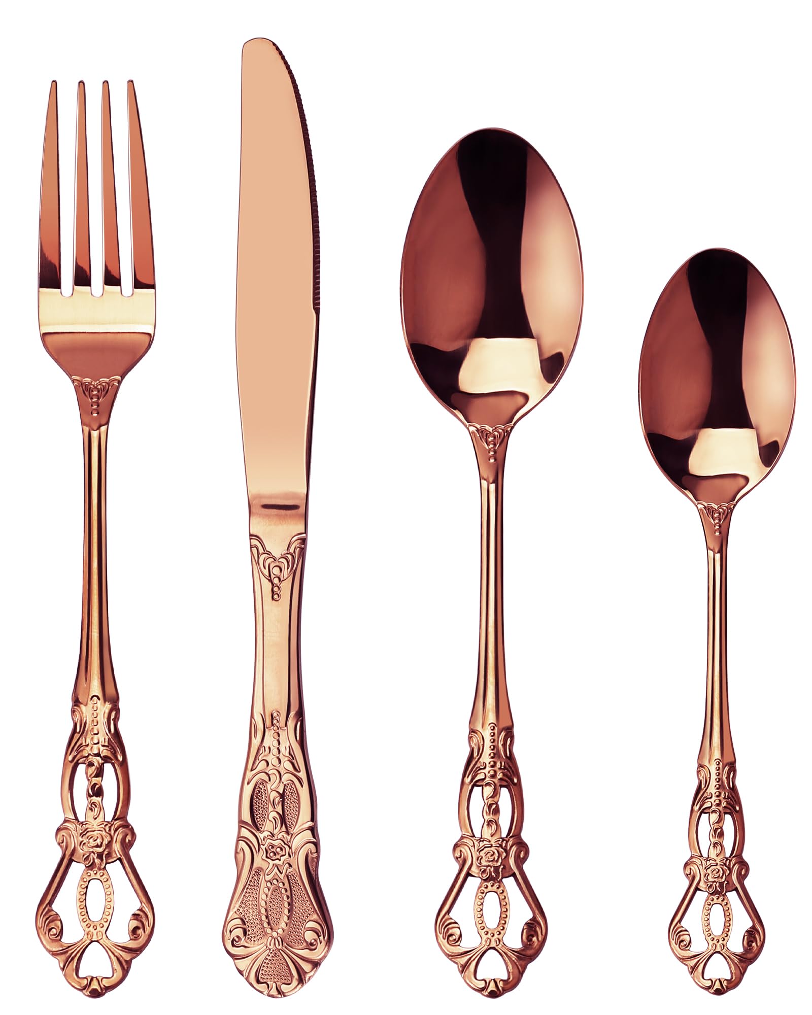 SHEUMNT Retro Rose Gold/Copper Silverware Set for 6, Gorgeous 24 Pieces Stainless Steel Flatware Set, Service for 6, Utensil Set Fork Spoon Knife, Antique Baroque Cutlery Set