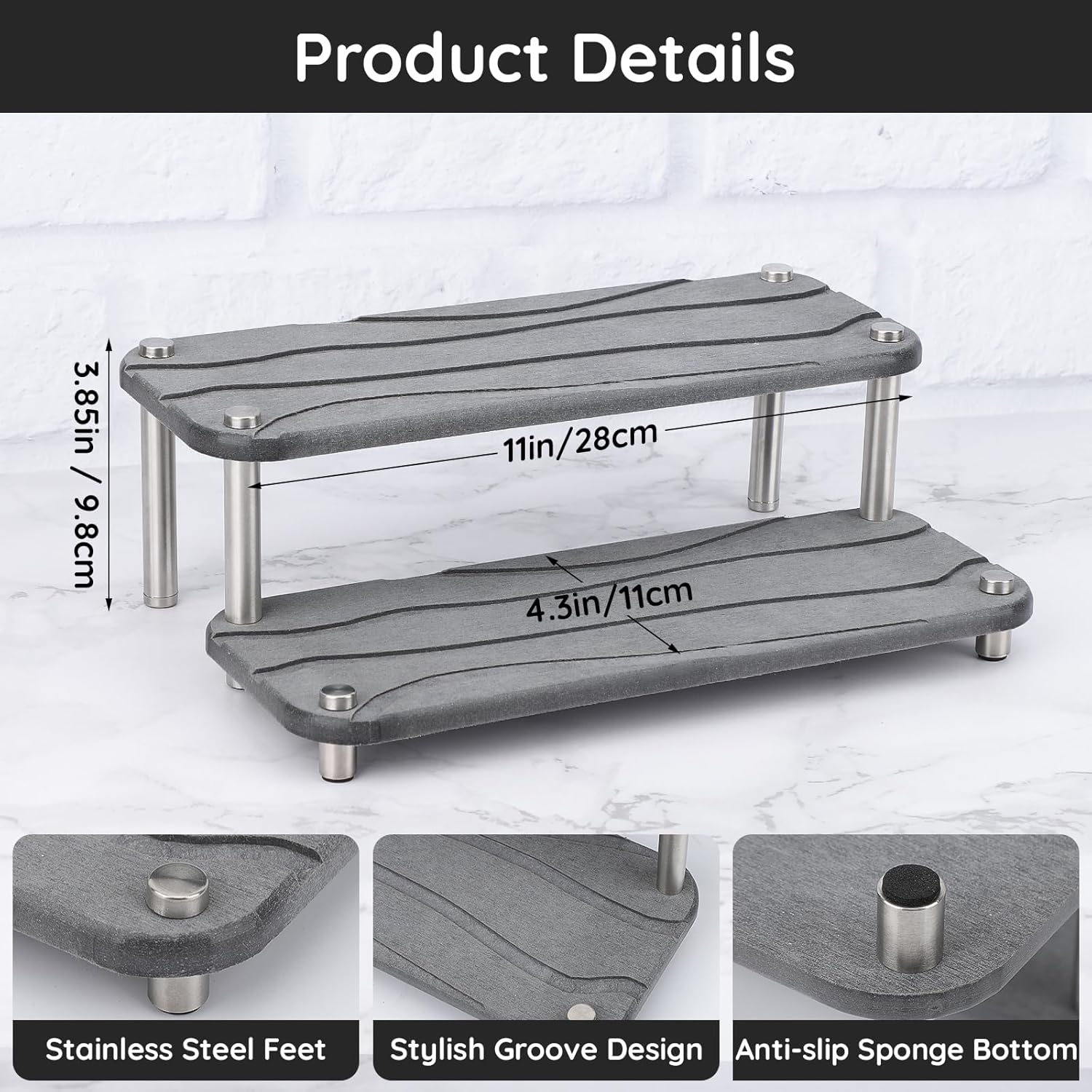 Segbeauty 2 Tier Fast Drying Diatomaceous Earth Tray, 11x4.3in Water Absorbing Stone Drying Vanity Tray for Countertop, Bathroom Counter Rack Kitchen Sink Organizer Dish Soap Sponge Holder Dark Gray