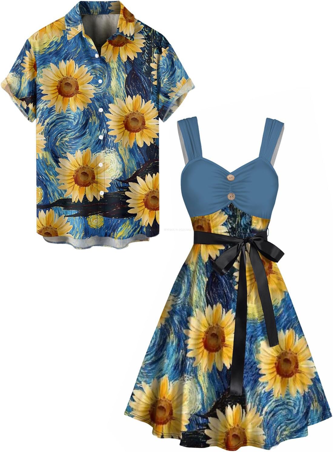 DRESSFO Couple Matching Hawaiian Outfits Allover Flower Print Sundress or Vacation Men's Button Up Shirt Outfit - Image 3