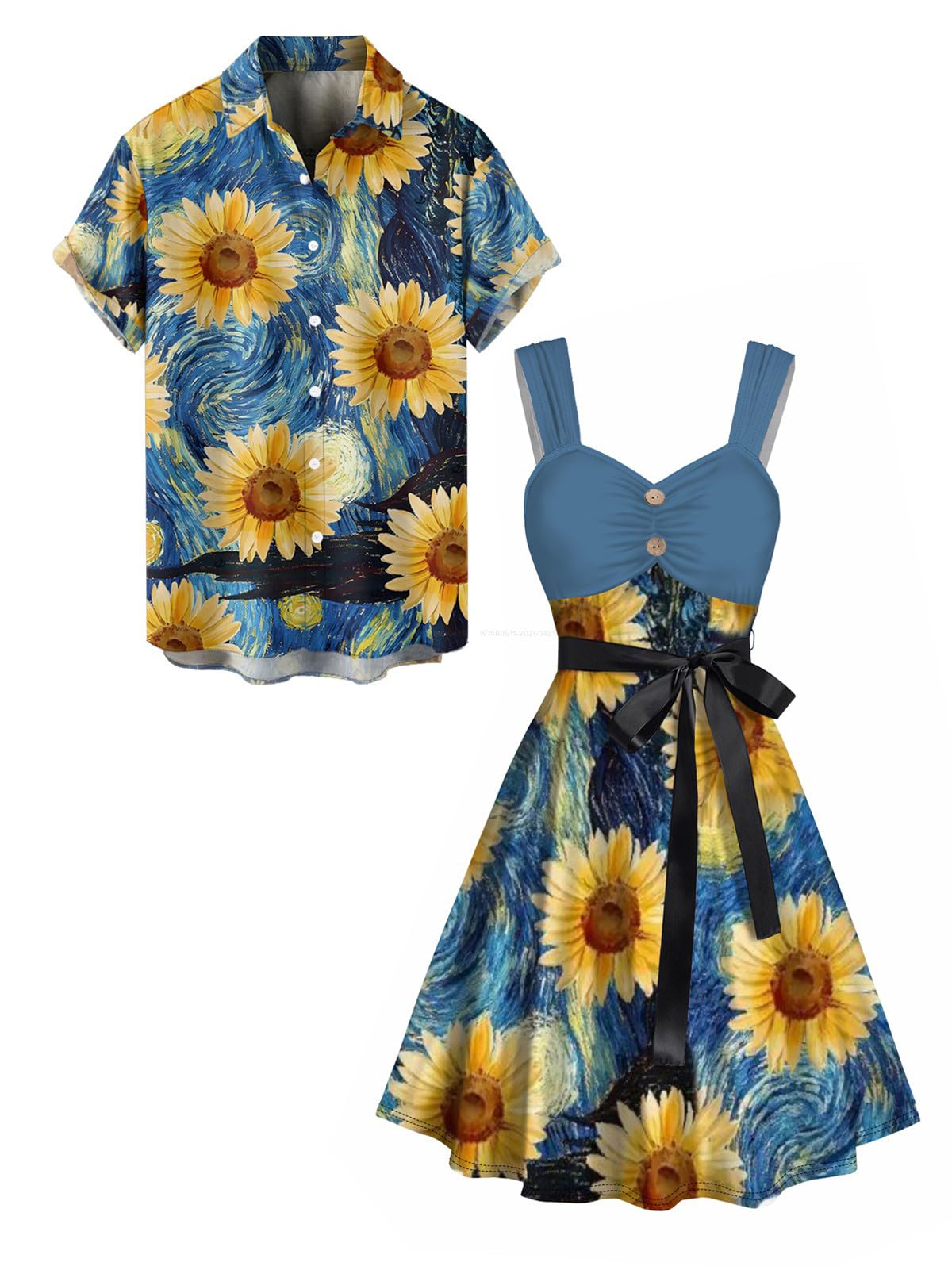 DRESSFO Passendes Hawaii-Outfit für Paare, Sonnenblumen-Druck, Hemd oder Mock-Knopf, Tankgürtel, Minikleid