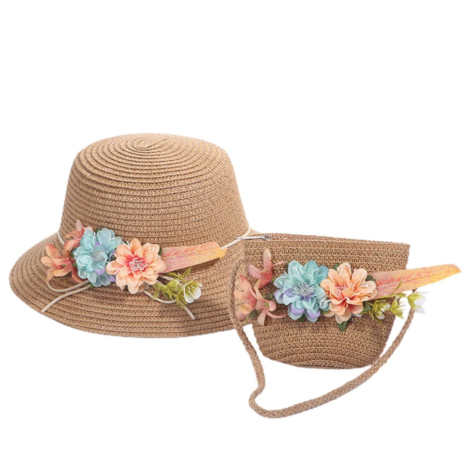 MUDUH Sombrilla de dibujos animados para niños y niñas, sombrero de playa + bolsa de paja para niños, accesorios de verano para capucha y bufanda conjunto de mujer