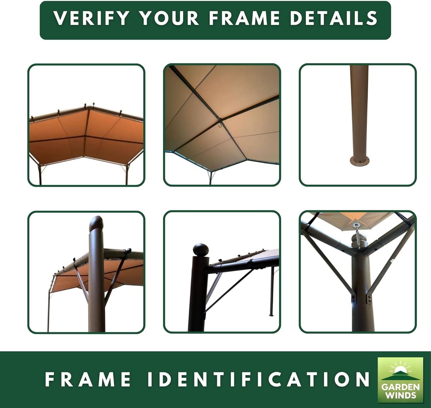 Six close-up images showing different parts of a gazebo frame for identification, including corners, roof structure, and leg posts.