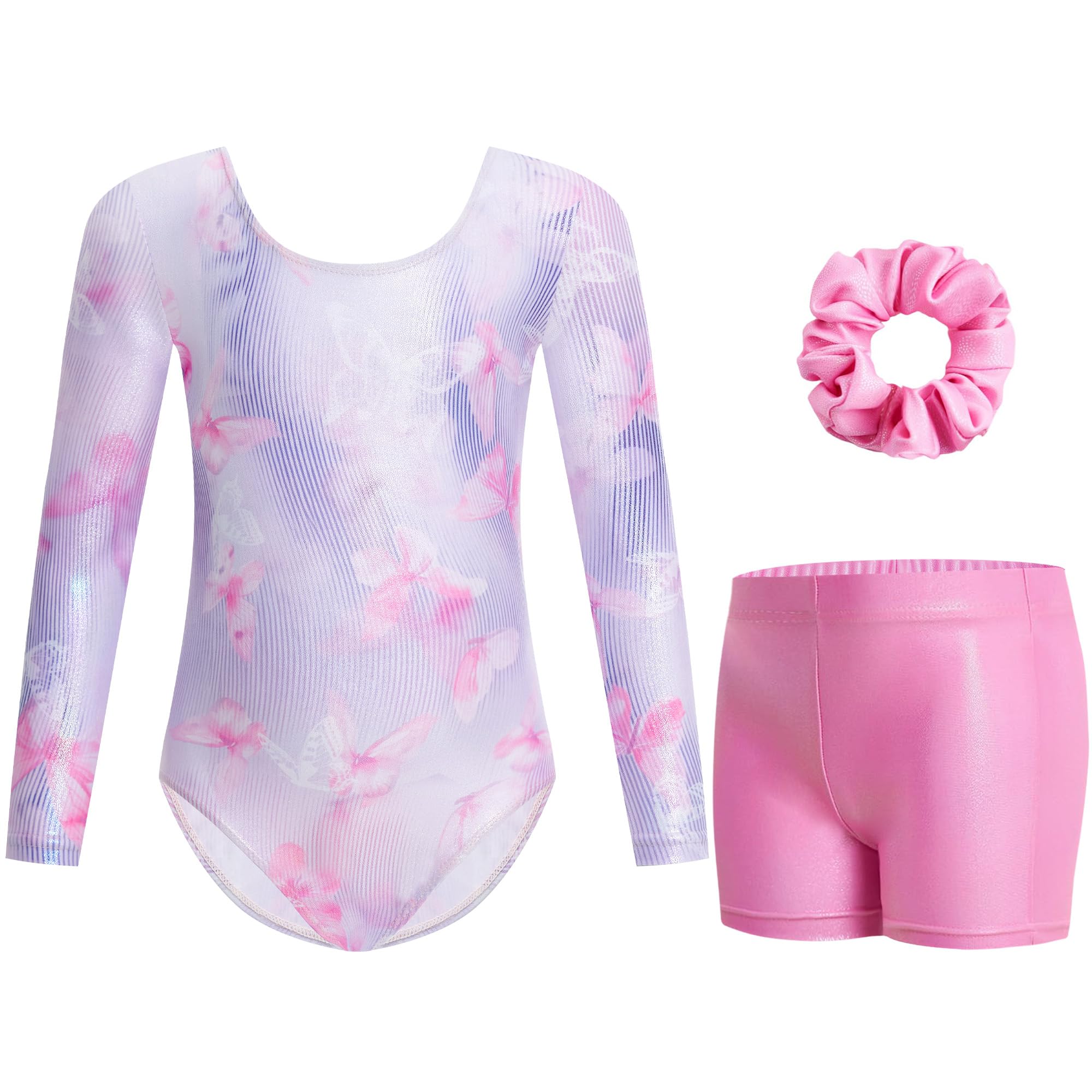 Gogokids Mädchen Dreiteilige Gymnastikanzüge, Langärmliges Gymnastik Set mit Shorts und Haarband, Glitzernde Balletteinheitstrikots - Gymnastik Outfit mit Farbverlaufdesign für 3-12 Jahre
