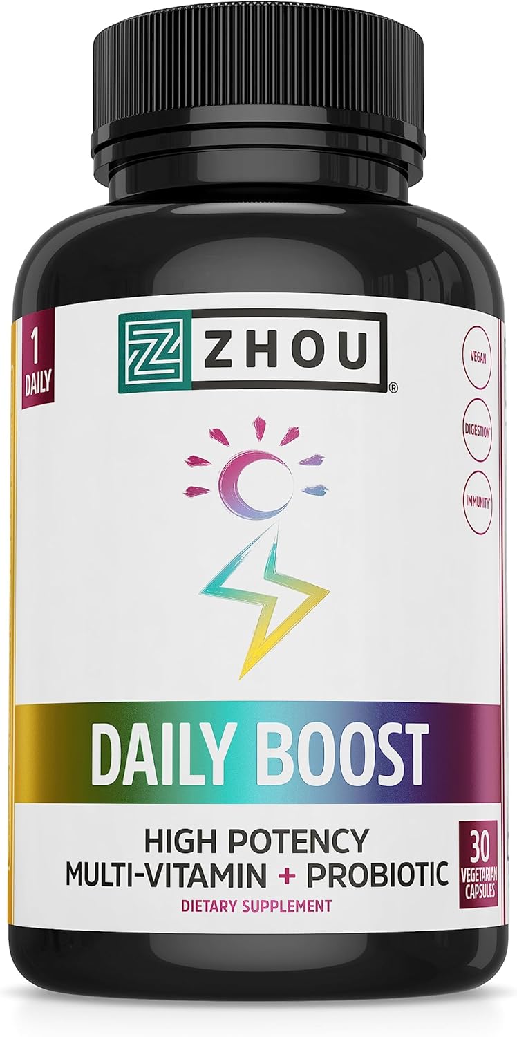 Zhou Daily Boost – Probiotic Multivitamin for Women & Men, Immune Support, Antioxidant & Eye Health Supplement with Vitamin A, Vitamin C, Biotin & Folate for Adults – 30 Veggie Capsules