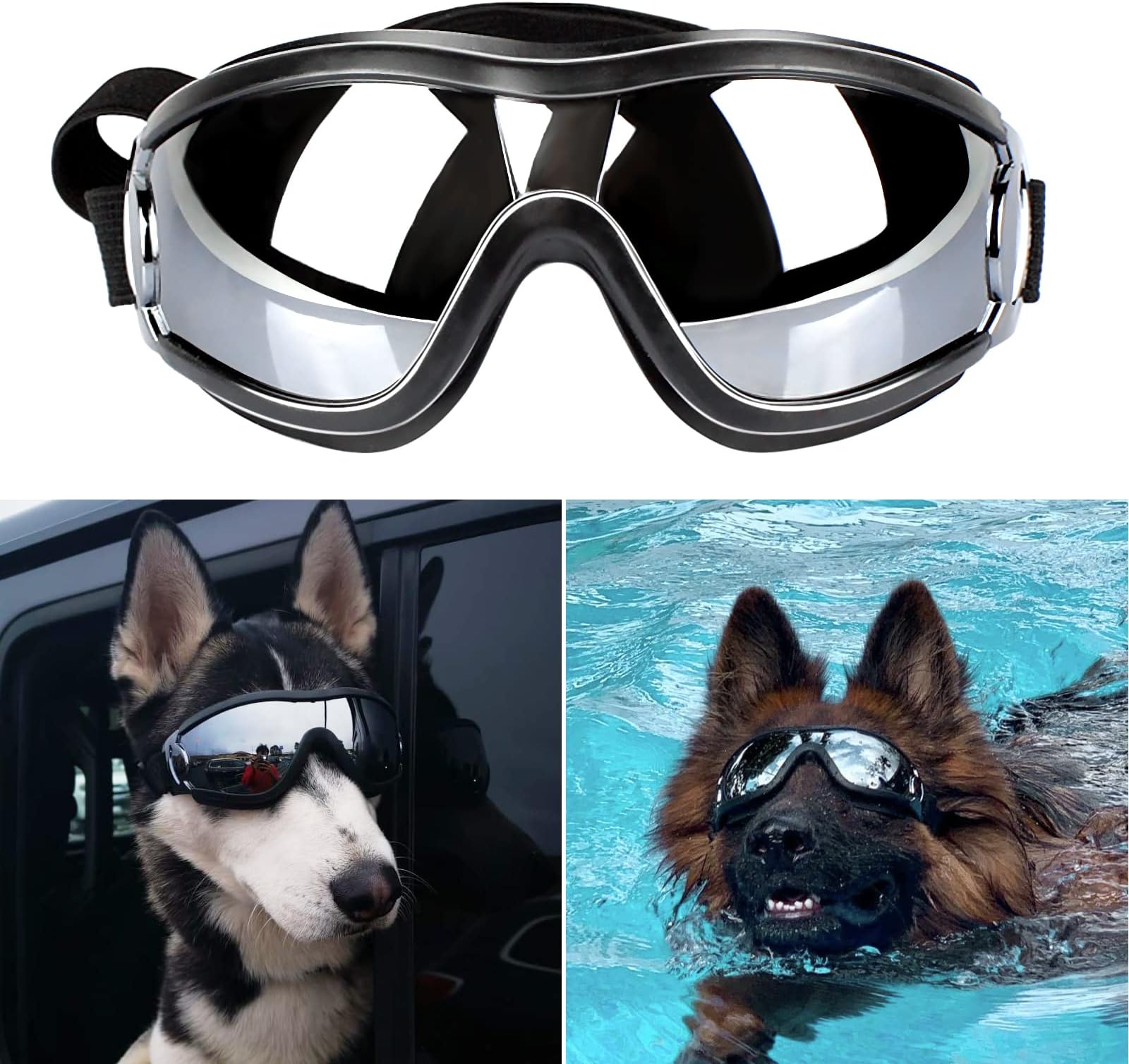 PEDOMUS Dog Sunglasses Dog Goggles Adjustable Strap for Travel Skiing and Anti-Fog Dog snow goggles Pet Goggles for Medium to Large Dog Black