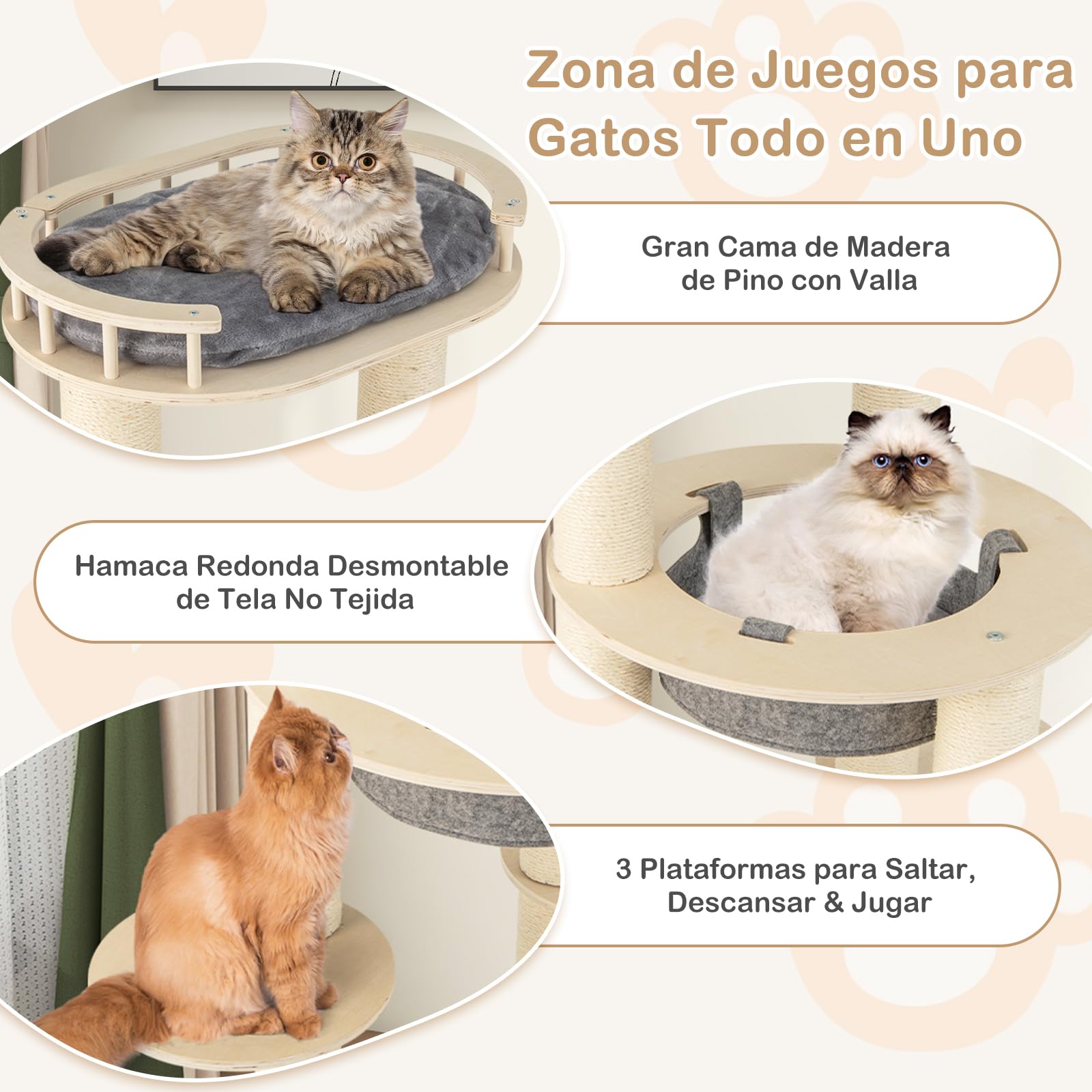 GOPLUS Árbol para Gatos de Varios Niveles de 150 cm, Torre de Madera para Gatos con Percha Superior Acolchada, Hamaca, 3 Plataformas y Postes rascadores de sisal, 66 x 66 x 150 cm
