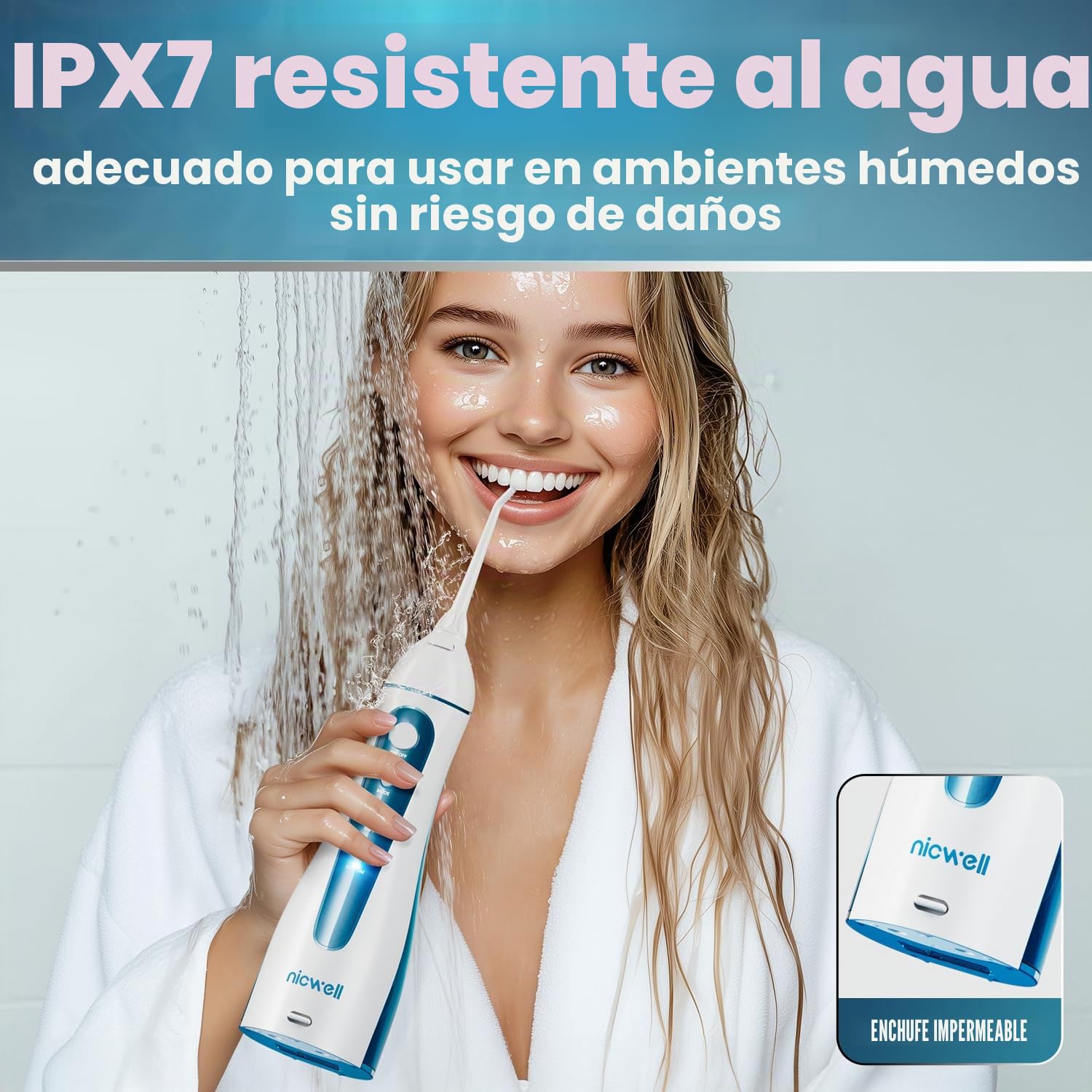 Inalámbrico de agua para dientes Nicwell 4 modos Irrigador oral dental, portátil y recargable IPX7 resistente al agua, batería potente, limpiador de dientes para viajes en casa (blanco)