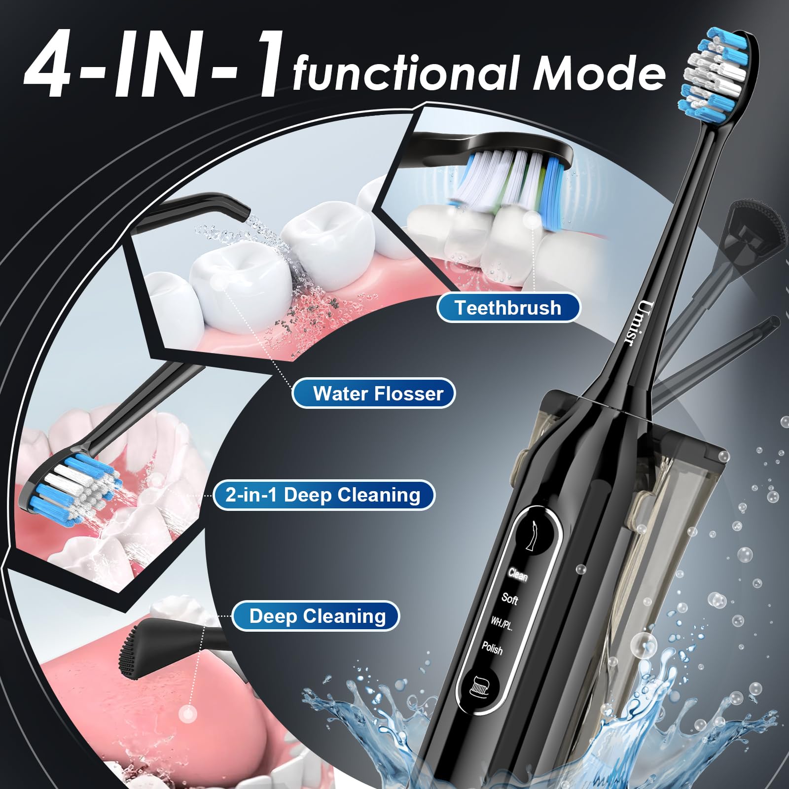 Zahnbürste mit Wasser Flosser Combo für Erwachsene, 4-in-1 wiederaufladbare elektrische Zahnbürste mit Wasserflosse, IPX7 wasserdicht, 4 Modi, Schallzahnbürste, 3 Modi, Reise, schnurlose