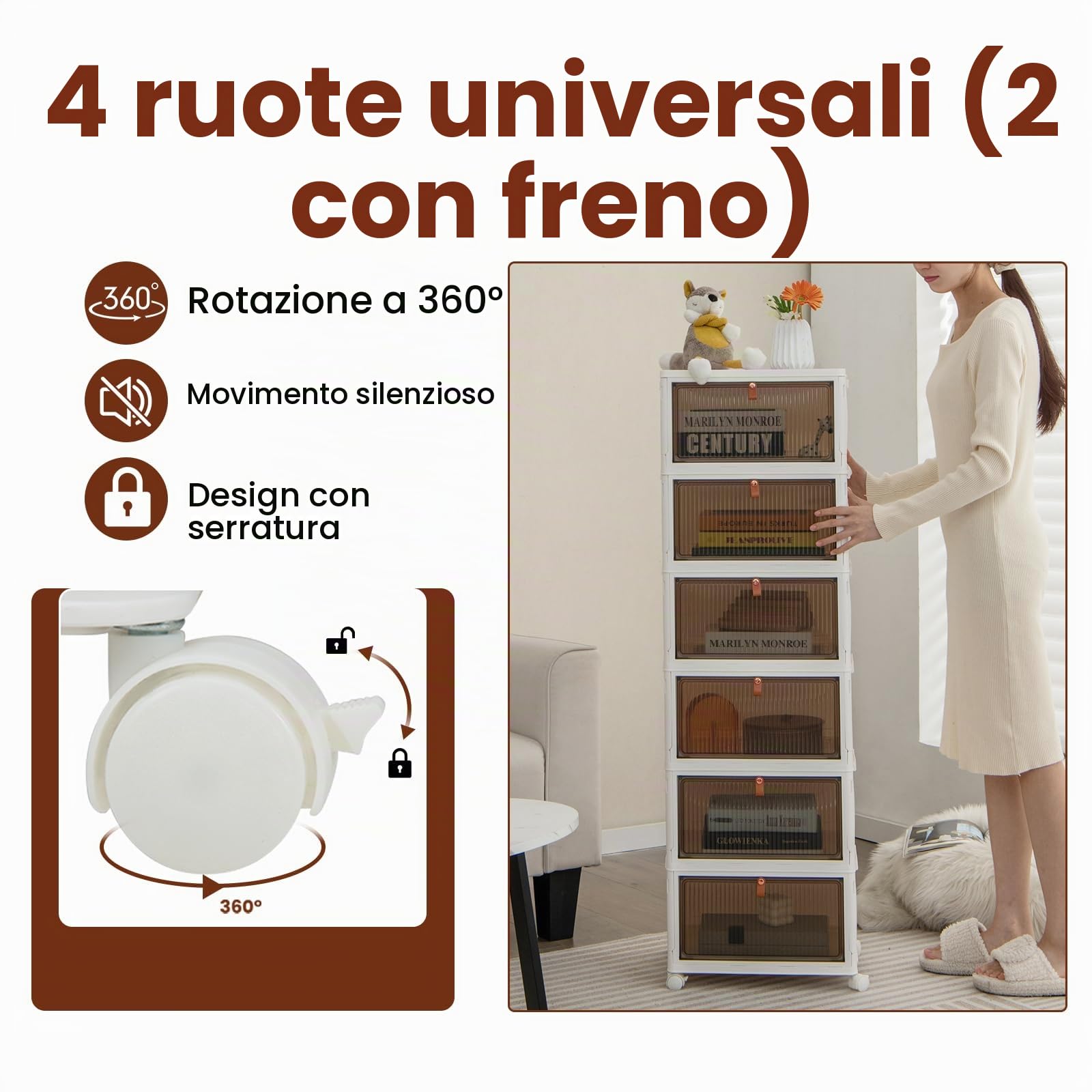 KOMFOTTEU Scatola portaoggetti a 6 livelli, contenitore impilabile con coperchi e ruote, scatola organizer trasparente, scatola pieghevole per camera da letto, soggiorno, 40 x 27,5 x 123 cm (6
