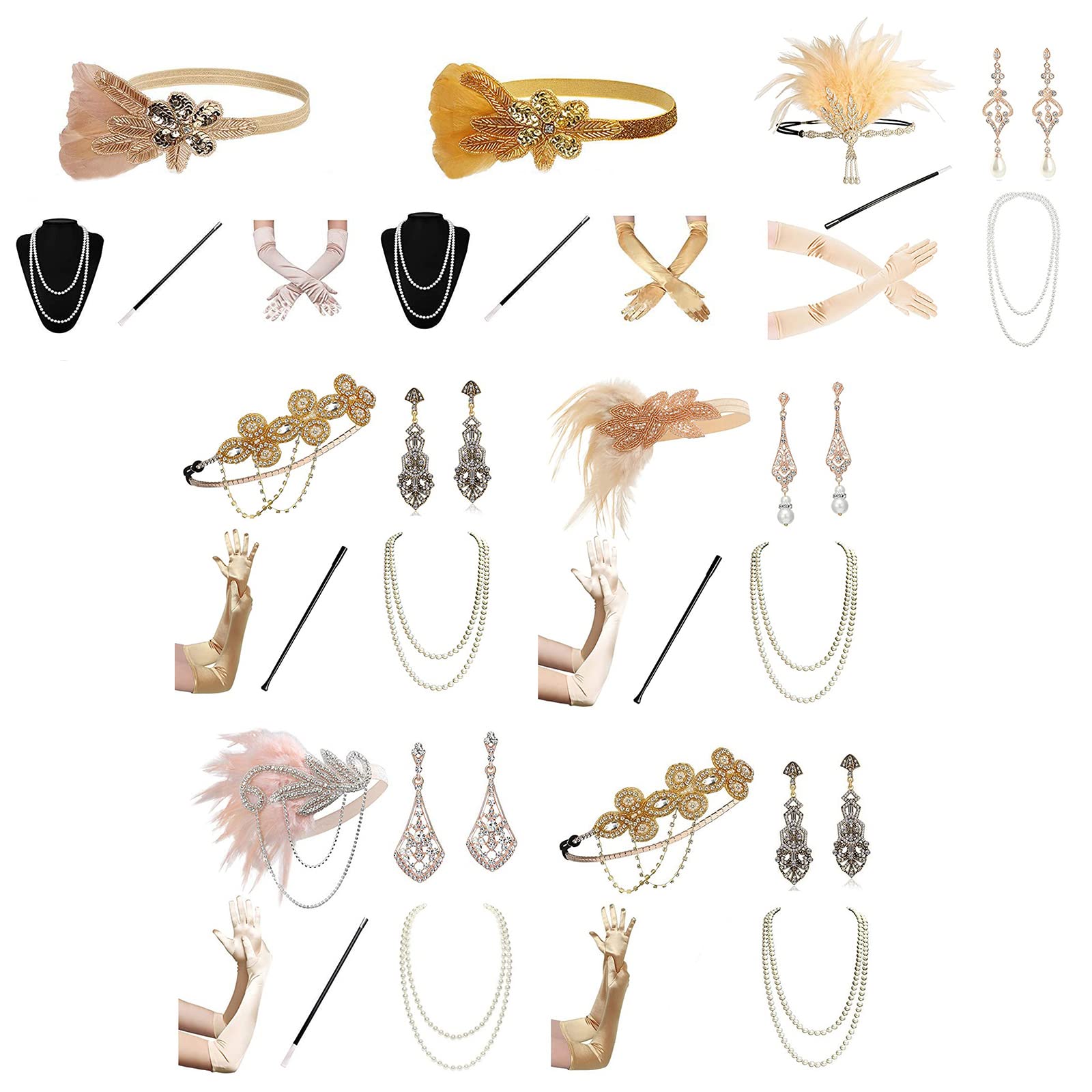 Set Accessori Flapper Anni '20 Gatsby - Fascia Piumata, Orecchini, Guanti E Collana Per Feste A Tema Vintage