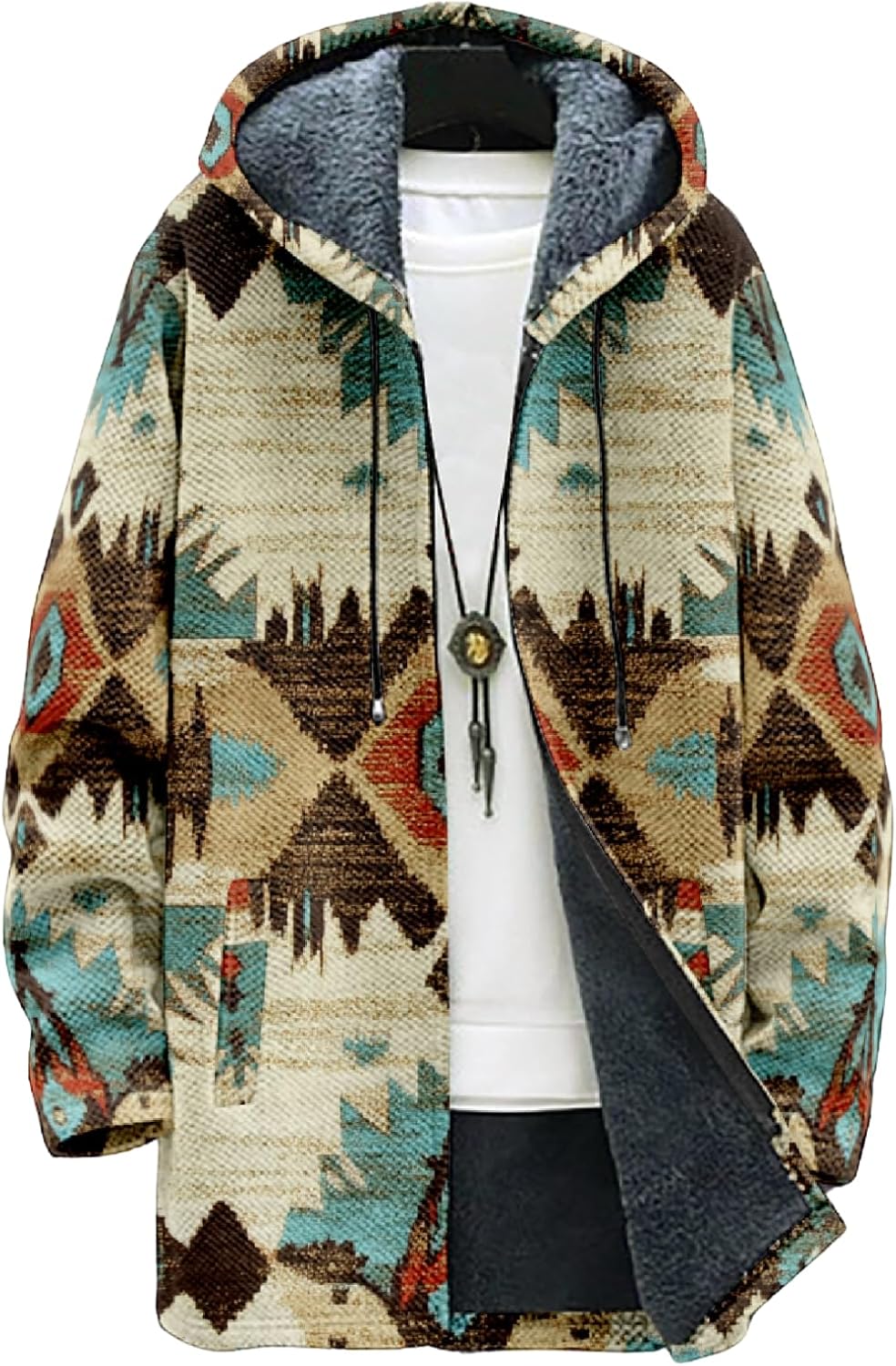 Spatofa Mens Aztec Print Hoodie Heavyweight Cotton Fleece Jacket Zip Up Warm Long Sleeve Hooded Winter Midi Coat