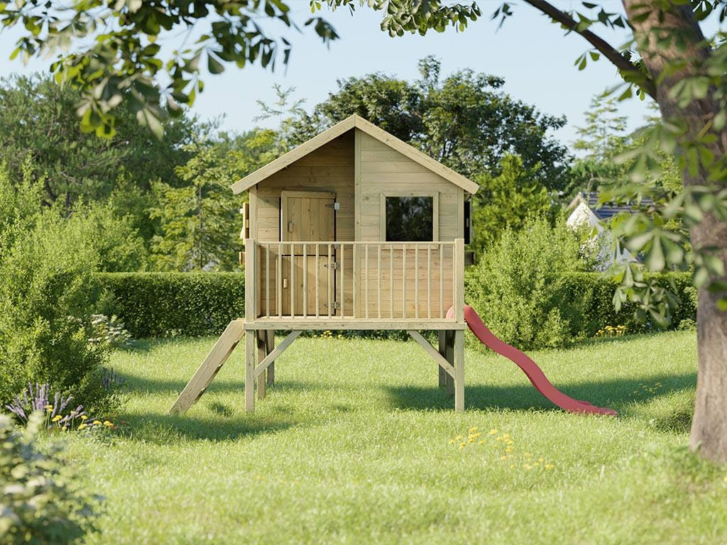 Stelzenhaus Brüssel KDI | 174x226x250 cm | Kesseldruckimprägniert | Mit Veranda, Fußboden & 3 Fenstern | 80 cm Podesthöhe | Kinder Spielhaus