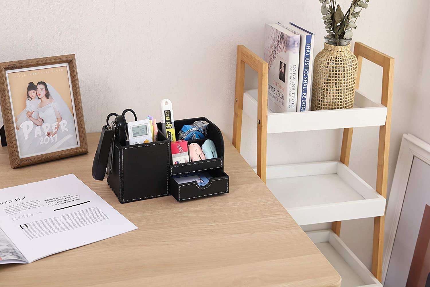 Bürobedarf, Stiftehalter, Organizer für Schreibtisch, PU-Leder, Schreibtisch-Briefpapier-Organizer und TV-Caddy, Fernbedienungs-Organizer mit 1 Schublade, Schwarz