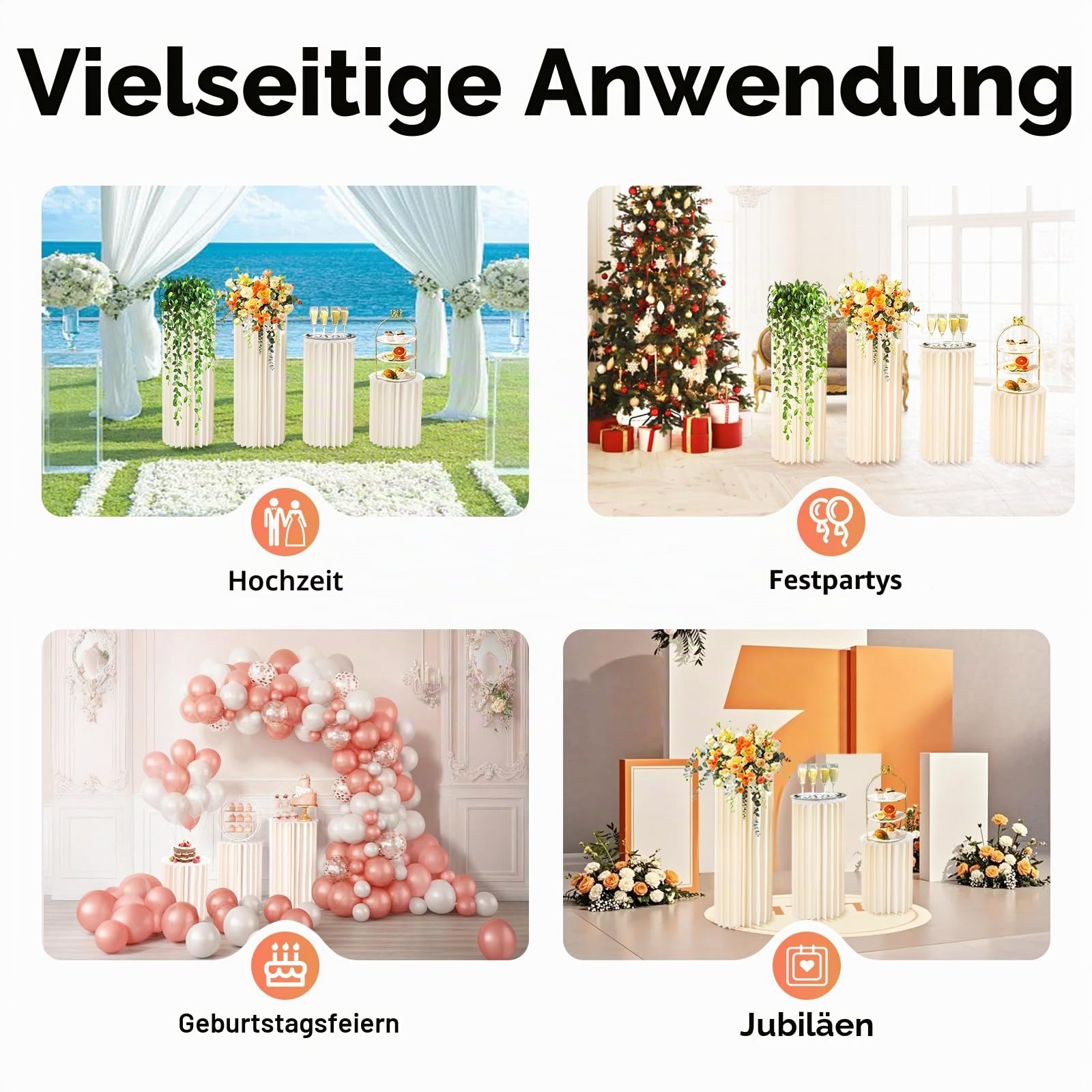 5 Stück Buffet Ständer mit Acrylplatten, Faltbare Tortenständer aus Karton, Stabile Deko-Säulen für Dessert-Tische, Cupcakes & Catering, Ideal für Hochzeit, Party & Geburtstag – Weiß