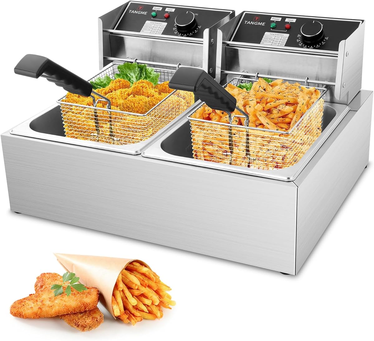 Commercial Deep Fryer, 3400W Electric Deep Fryers with 2x6.35QT Baskets Thickened Stainless Steel Countertop Oil Fryer 20.7QT Large Capacity with Lids Temperature Controller (12L)