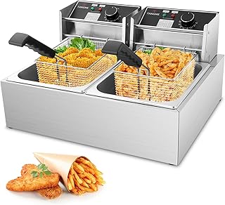 Freidora eléctrica comercial de 5000 W con 2 cestas de 6 L, freidora de encimera de acero inoxidable de 0,8 mm de espesor, gran capacidad de 20 L con limitador de temperatura