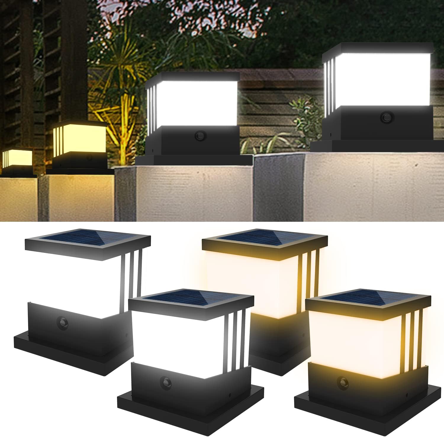 T-SUN Solar Post Cap Light, 4x4 6x6 Solar Post Cap Outdoor, 3 Modes Solar Powered Fence Deck Post Cap Lights IP65 Waterproof Solar Post Light for Deck Garden Patio Fence 4 Pack