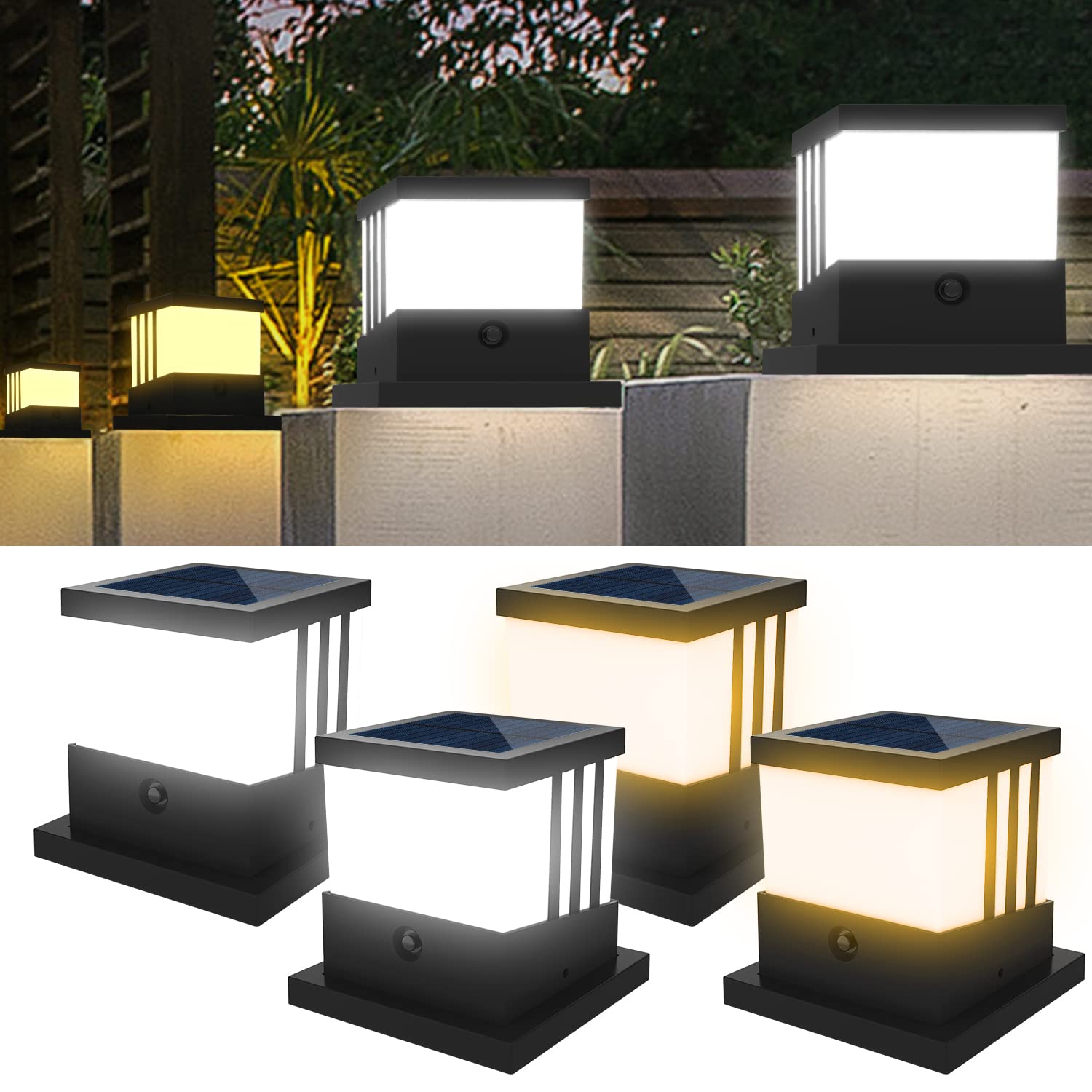 T-SUN Solar Post Cap Light, 4x4 6x6 Solar Post Cap Outdoor, 3 Modes Solar Powered Fence Deck Post Cap Lights IP65 Waterproof Solar Post Light for Deck Garden Patio Fence 4 Pack