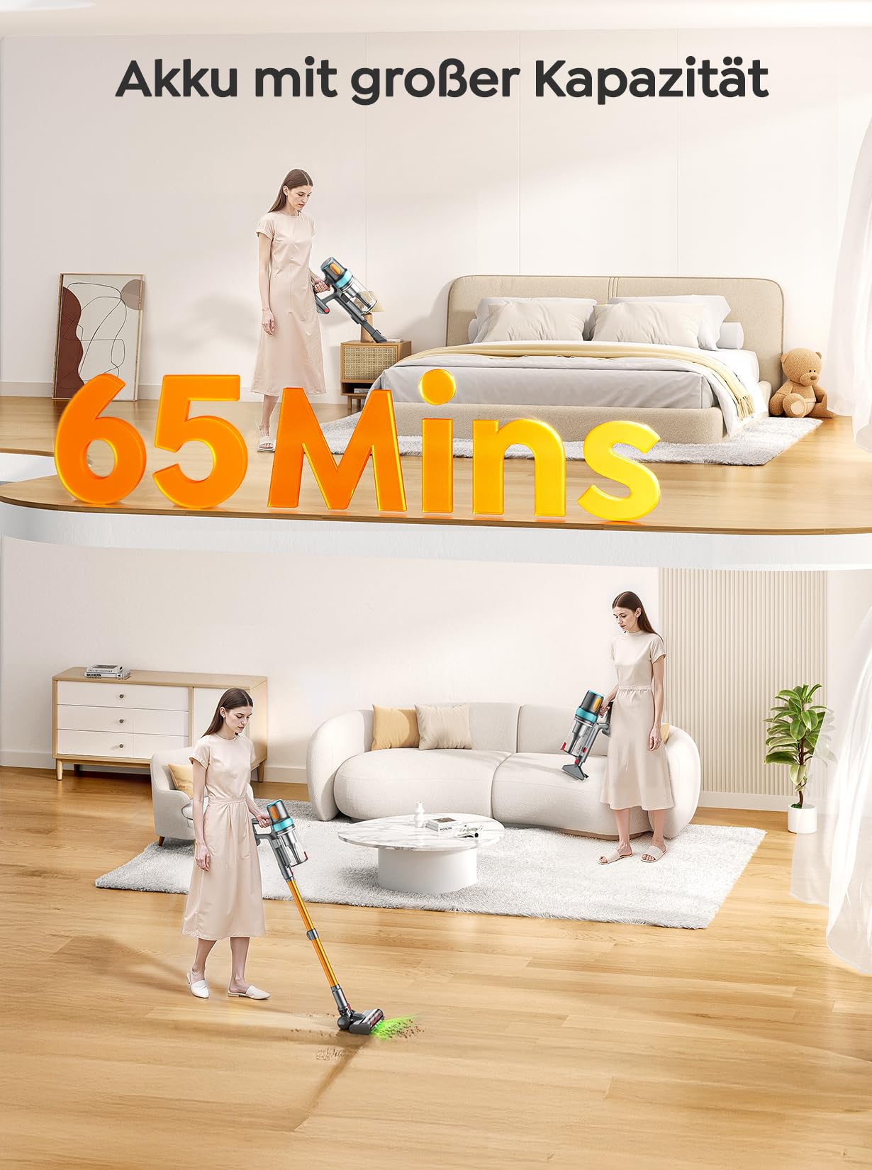 Akku Staubsauger 50KPA/600W/65Min,Selbststehender Staubsauger Kabellos mit 1M Ausziehbarer Schlauch,Wandladestation,Automatikmodus,Anti-Tangle-Bürste,Mehrstufige Filtration für Teppiche/Hartböden/Auto