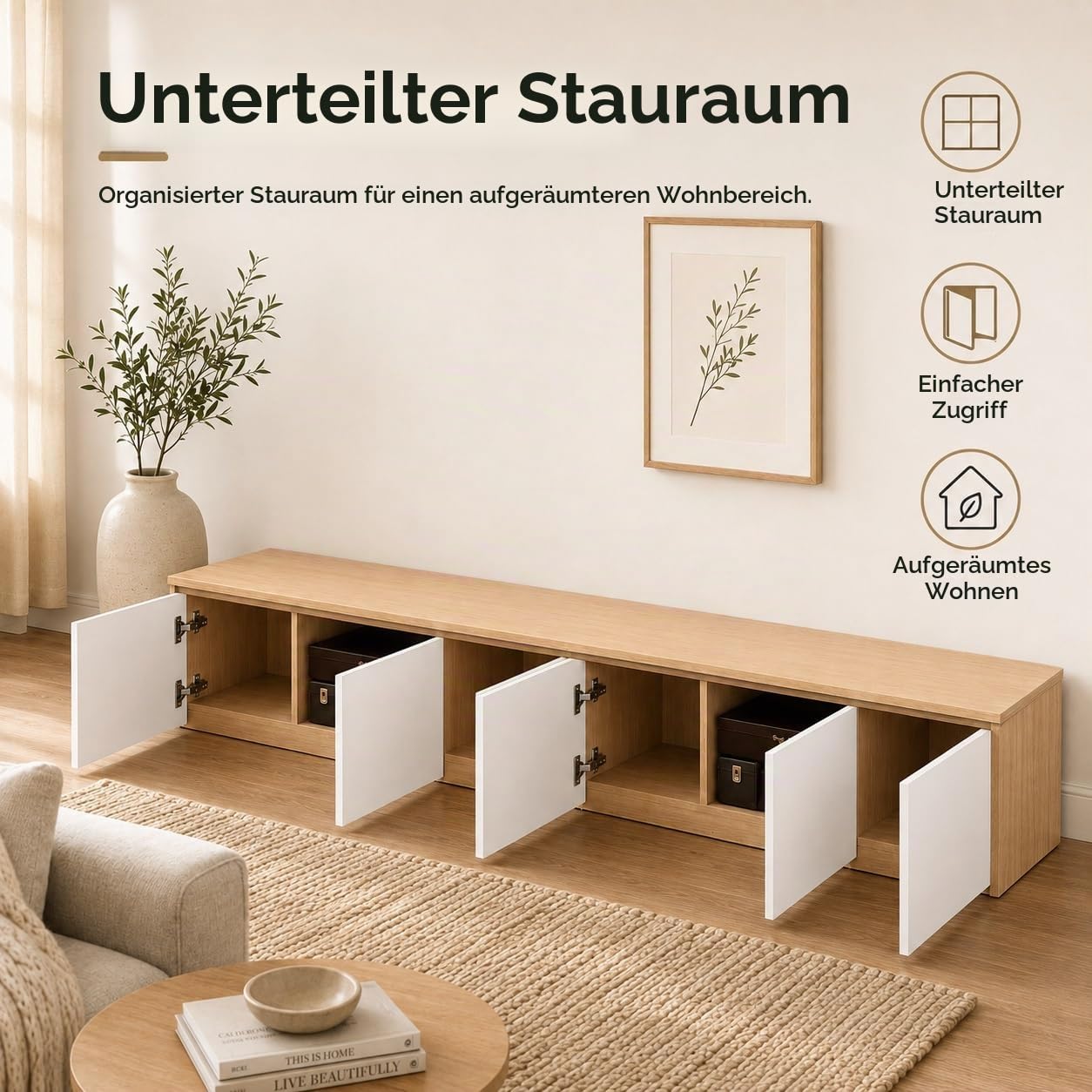 240CM Holz Lowboard für Wohnzimmer - Wasserfest und Fleckenresistent
