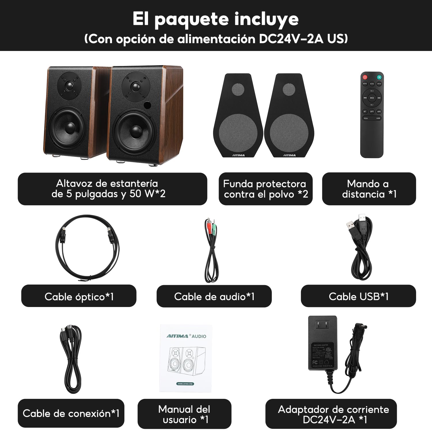 AIYIMA S700 - Altavoces de estantería Bluetooth Activos con woofer de 5.25 Pulgadas, 100 W, Salida Sub, entradas Bluetooth/óptica/ARC/RCA/USB