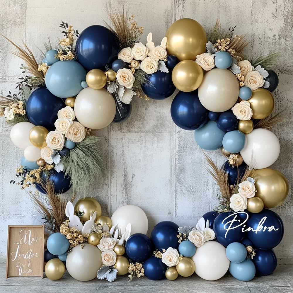Navy Blue Gold Balloon Garland Double Stuffed Dark Blue White Balloons Pearl White Balloon Arch for Birthday Graduation Wedding Party Decor