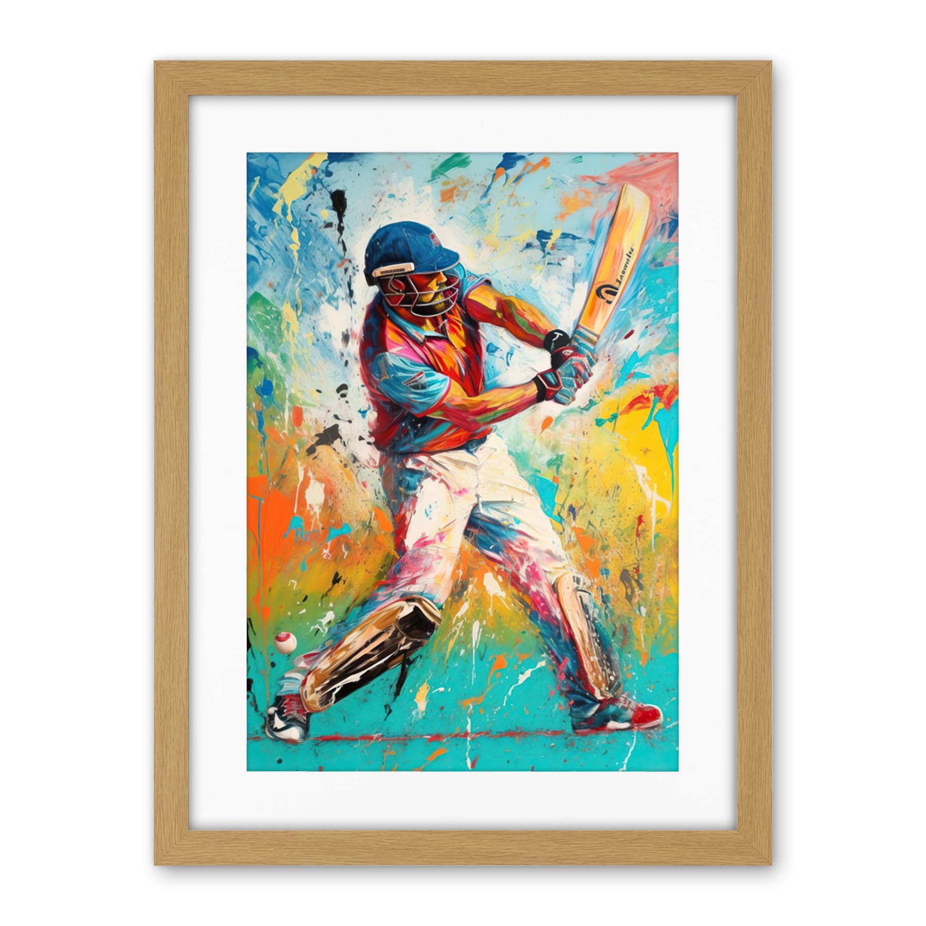 Artery8 Cricket Shot Vibrant Cricketer Batsman Portrait Artwork Framed Wall Art Print 18X24 Inch