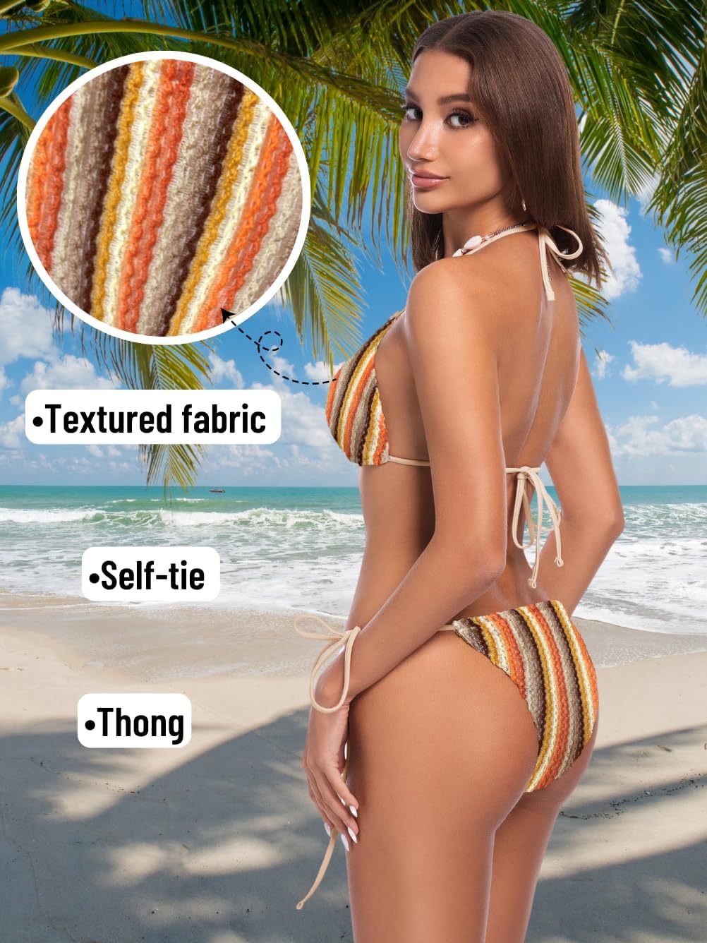 Women's Boho Colorblock Striped Bikini Sets, Crochet Textured Halter High Cut 2 Piece Swimsuit, Beach Vacation - Image 4