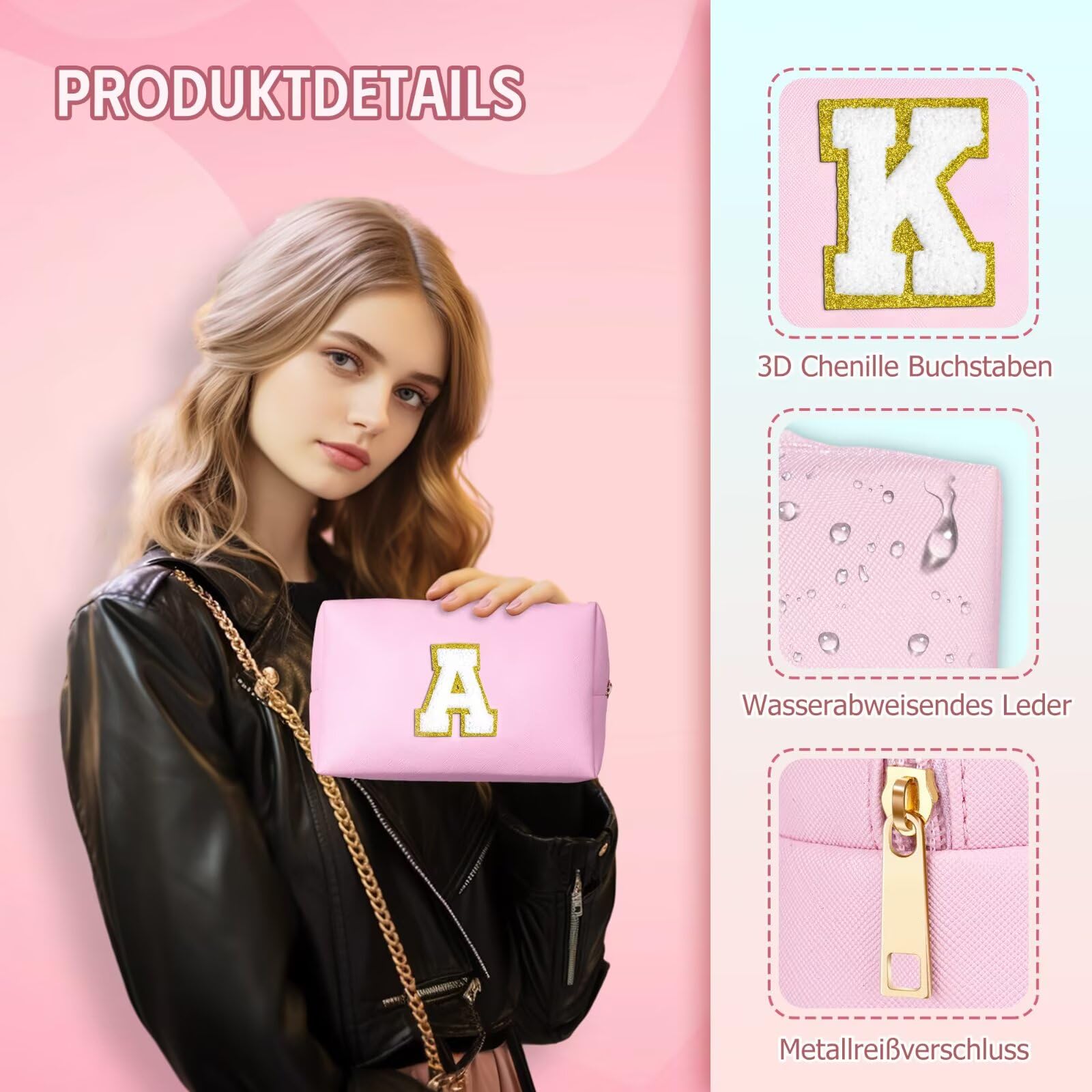 YOOLIFE Geschenk Mädchen 6 7 8 9 10 11 12 13 14 15 Jahre - Buchstaben Kosmetiktasche Damen Mädchen Schminktasche, Reise Make up Tasche, Teenager Geschenke für Damen Freund Schwester Mama, Rosa L - 5