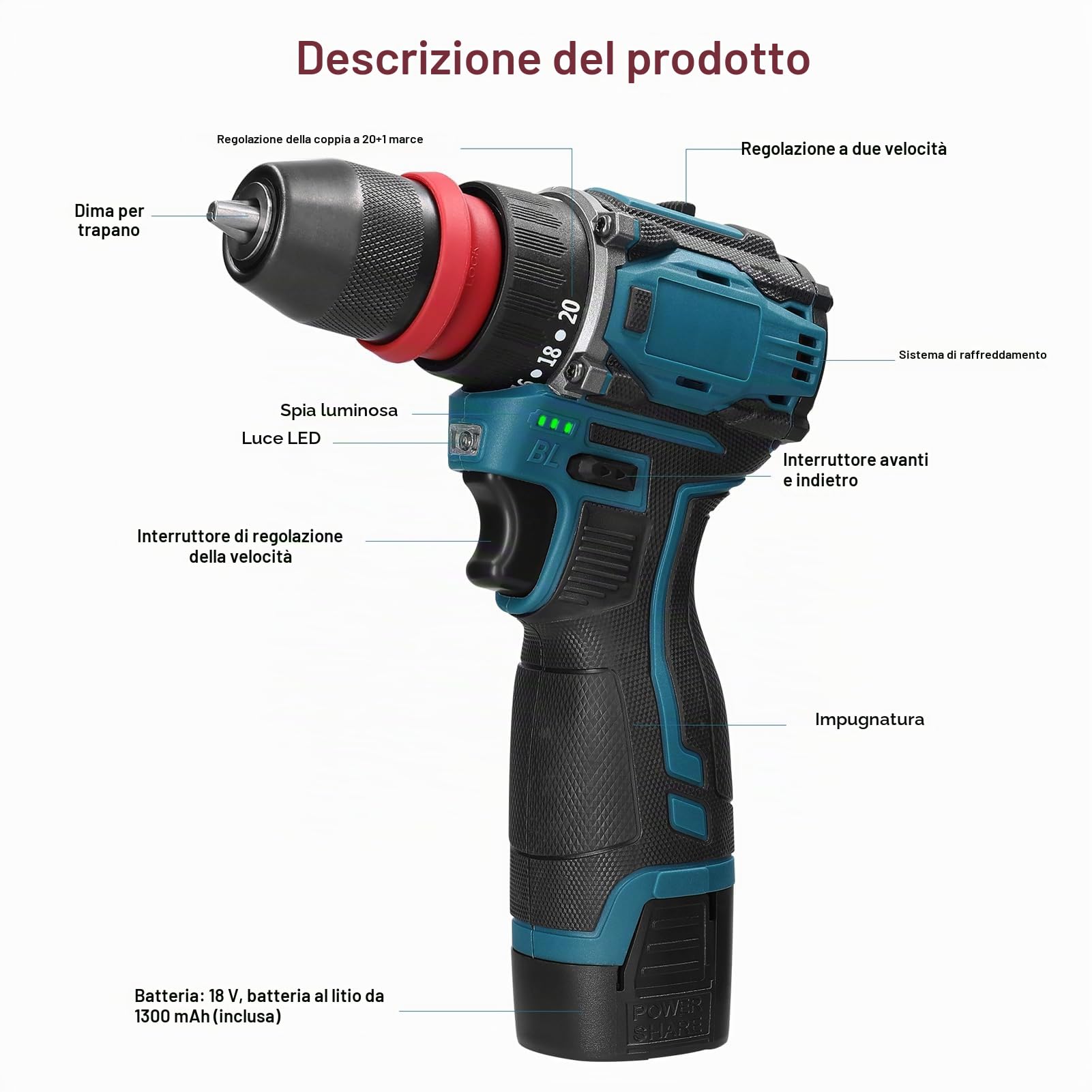 Weytoll Trapano Avvitatore Batteria 18V, 2 Batterie 1300mAh, Max 45Nm, 23+1 Impostazione Coppia, 2 Velocità, LED Luce per Riparazione, Fai da te