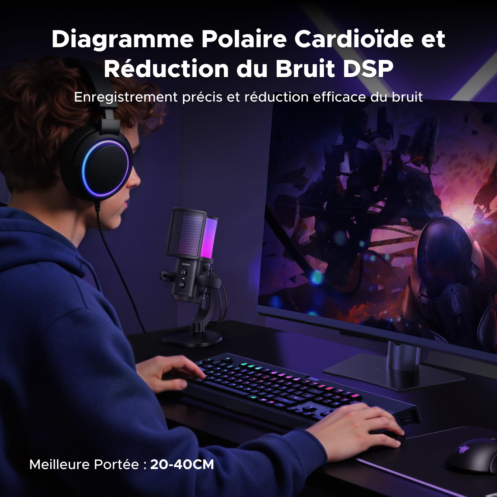 UGREEN Micro Gaming Microphone USB avec RGB 96KHz 24bit Réduction du Bruit DSP pour Enregistrement Gaming Streaming Podcast Compatible avec PS5 4 Laptop