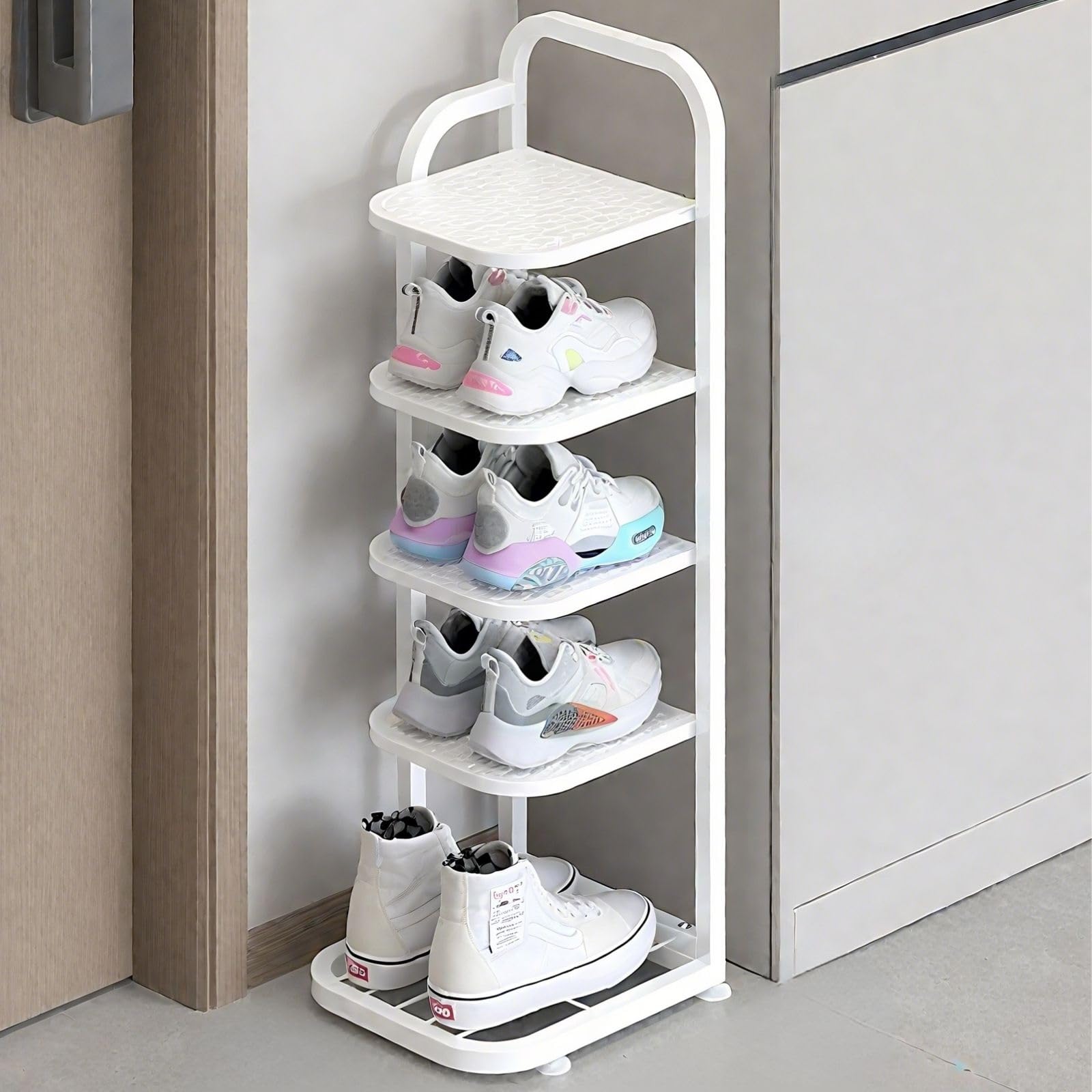 Scarpiera alta sottile, in metallo, a 5 ripiani, per ingresso, elegante zapatero bianco per casa, corridoio e armadio, design salvaspazio (79 cm)