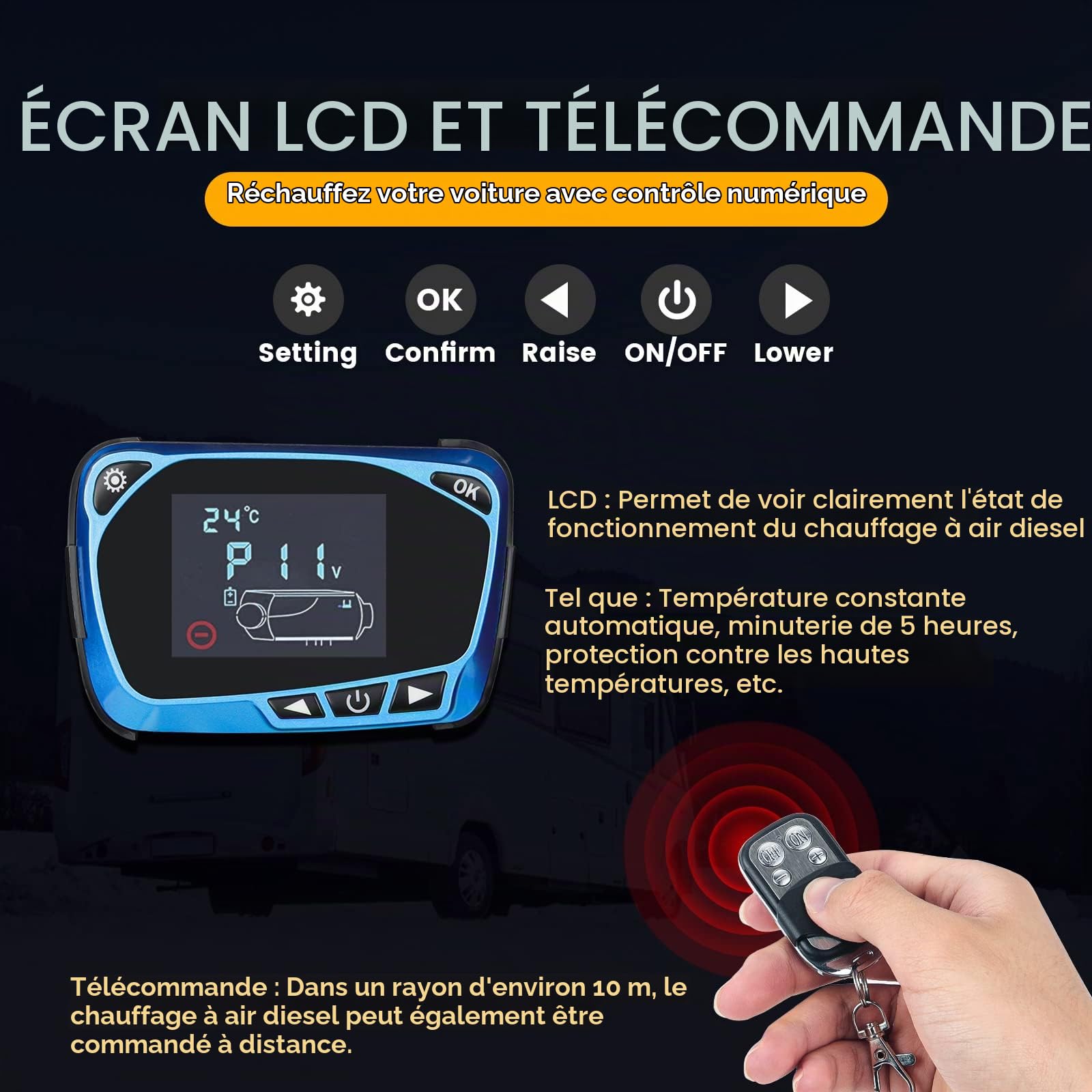 Anbull Chauffage de Voiture d'air diesel 12v 8kw Réchauffeur de voiture d'air (Avec écran LCD bleu & 4 sortie d'air) Préchauffage du moteur de la voiture garée