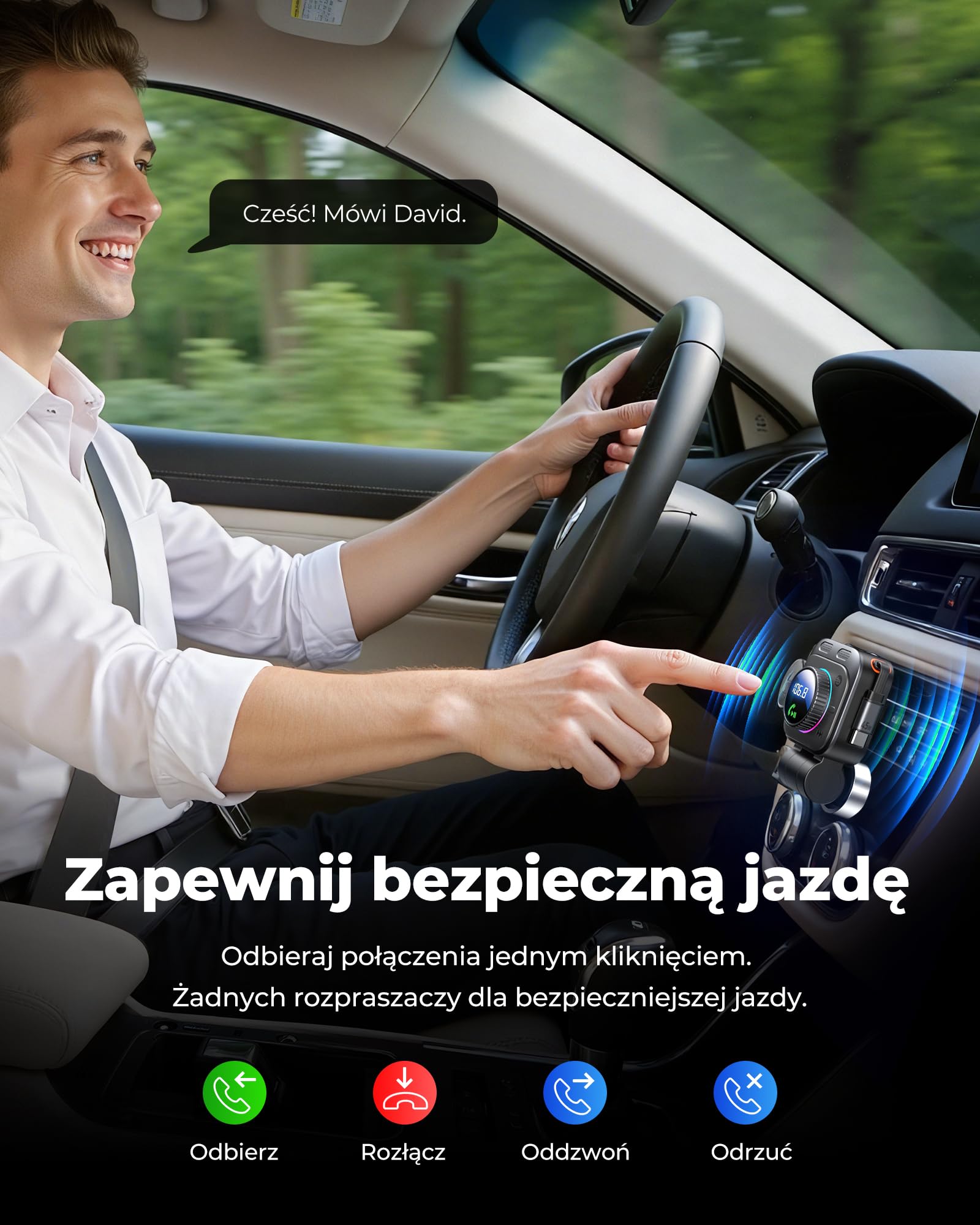 LENCENT Samochodowy nadajnik FM 72 W, Bluetooth 5.4, adapter Bluetooth | z wyciąganym kablem do ładowania, zapalniczka z gniazdem USB-C, basem i zestawem głośnomówiącym, muzyczny, obracany o 180
