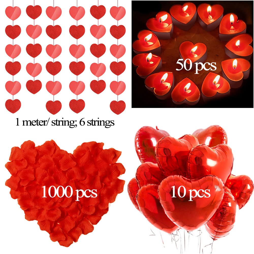 Romantisches Dekor-Set – 50 Herzförmige Teelichter, 10 Rote Folienballons & 1000 Rosenblüten Für Valentinstag & Hochzeit