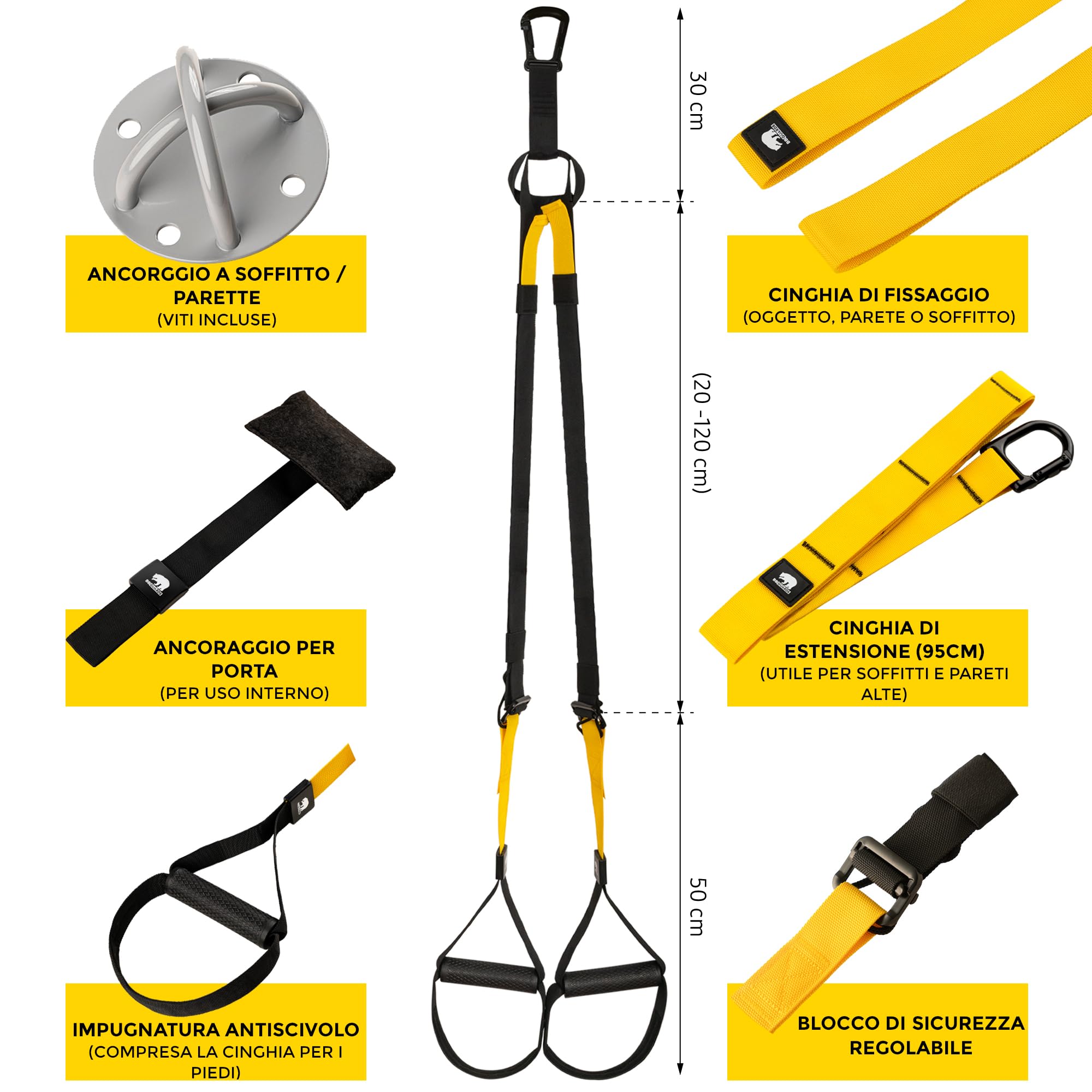 Kit di Allenamento in Sospensione e Fitness: rullo addominali, elastici fitness e cinghie da sospensione. Attrezzi per palestra in casa (elastici palestra, ruota addominali e cinghia da sospensione)