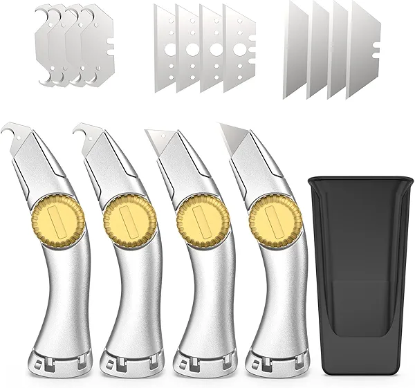 4PCS Silver Fixed Blade Roofing Knife, Heavy Duty Utility Knife for Drywall, Vinyl, Carpet Cutting, Metal Roofing Tools with Portable Storage Sheath, Replacement Blades, Navajas para Roofing