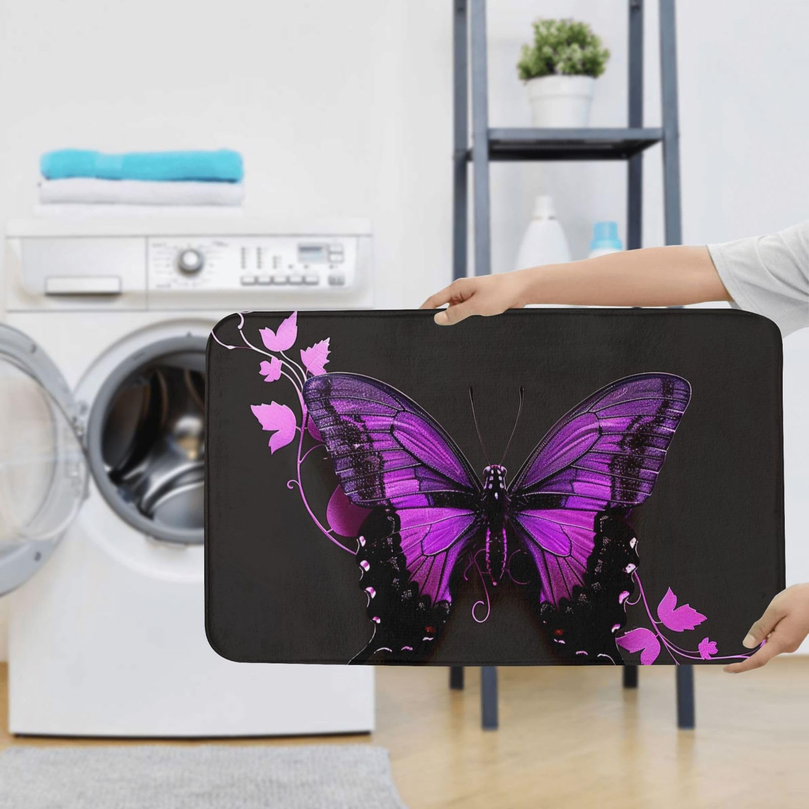 Lot de 3 tapis de bain antidérapants et absorbants en flanelle avec motif papillon violet et noir