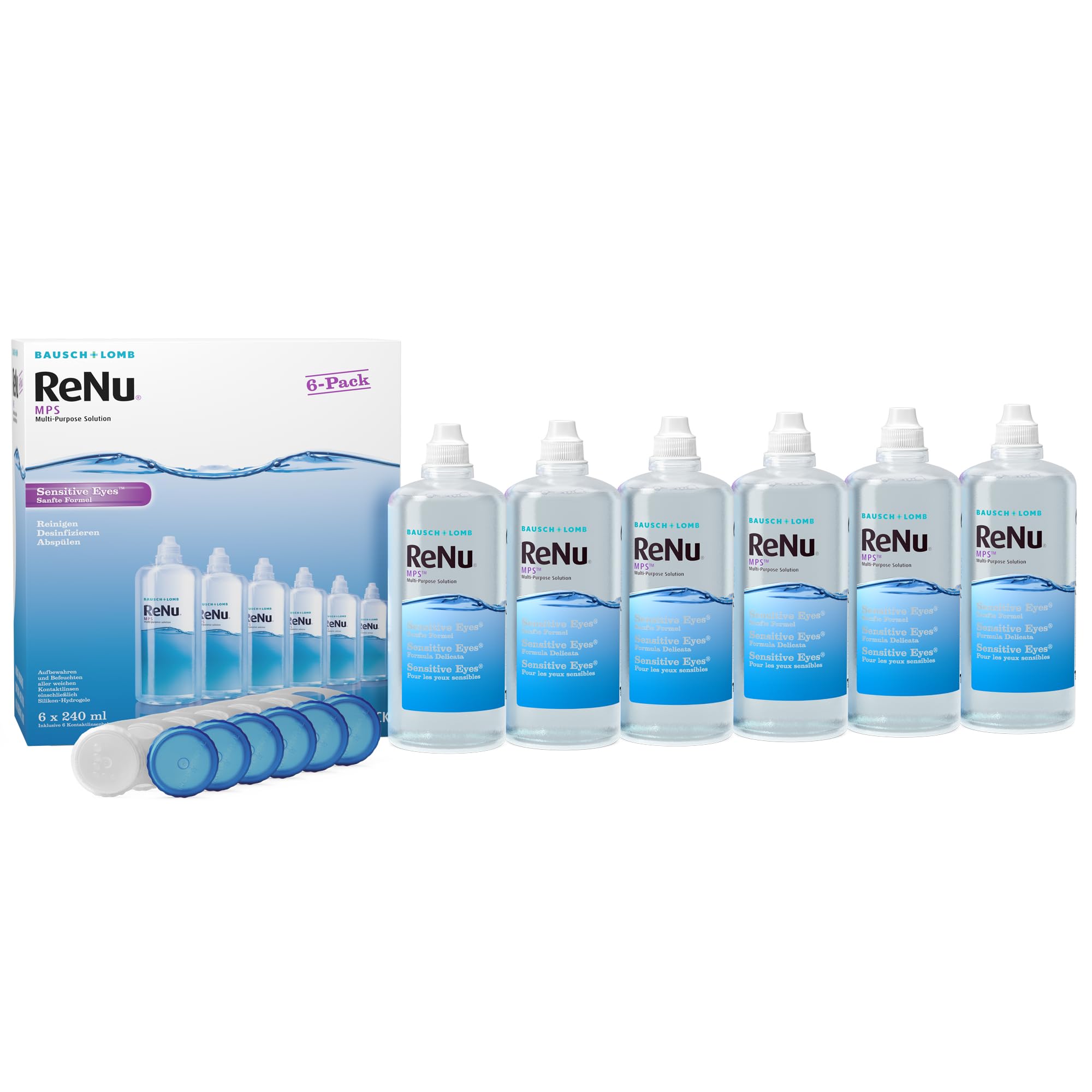 Bausch + Lomb ReNu MPS Sensitive Eyes Kombilösung - Kontaktlinsenreiniger und Aufbewahrungslösung, weiche Kontaktlinsen, Halbjahrespack, 6 x 240 ml