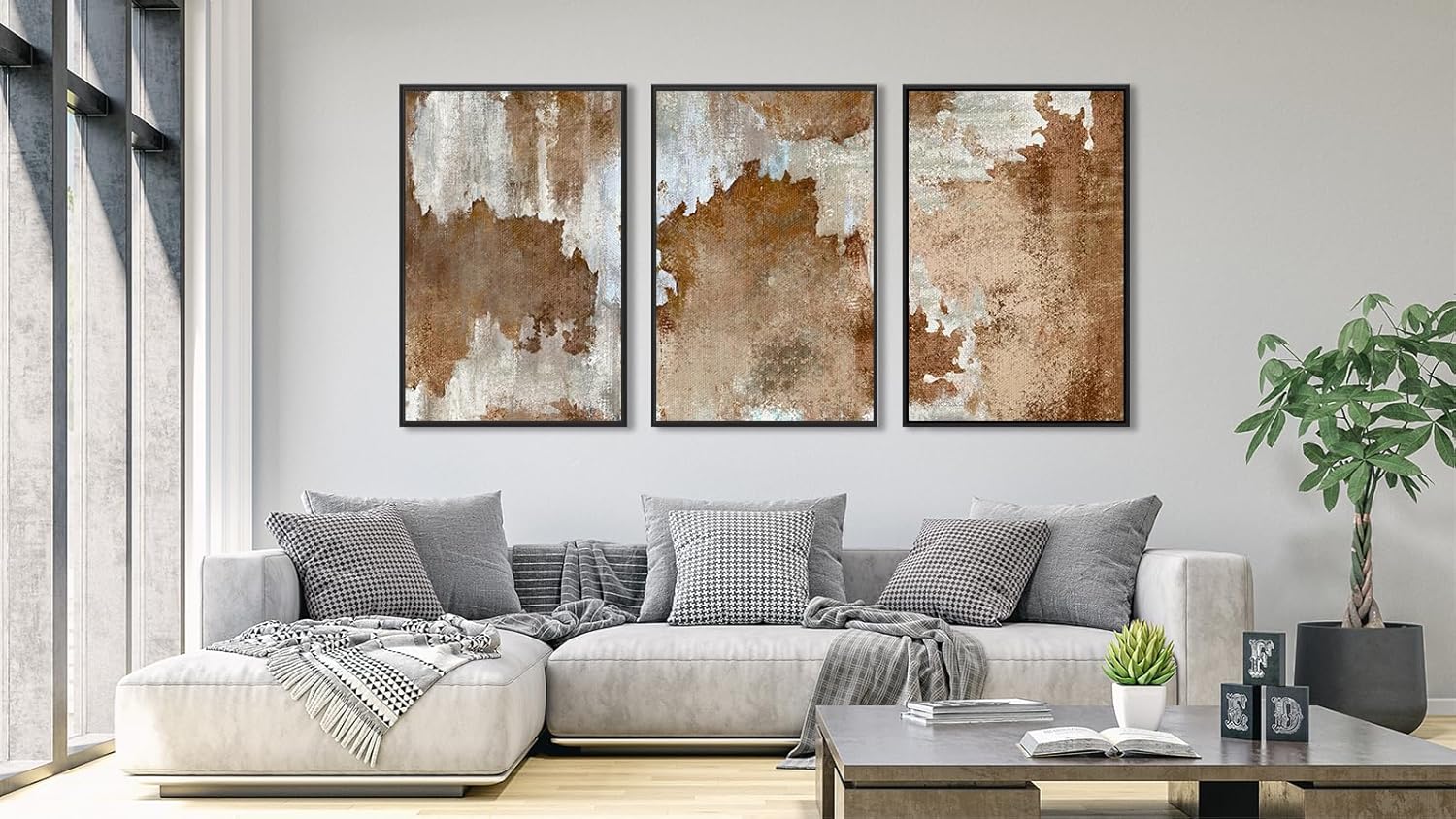 Large Framed Abstract Wall Art - Natural Framed Canvas Pictures for Living Room Modern Canvas Prints Retro Brown for Bedroom, Black Float Frame Art for Home Office Kitchen Decor 16" X 24" X 3pcs