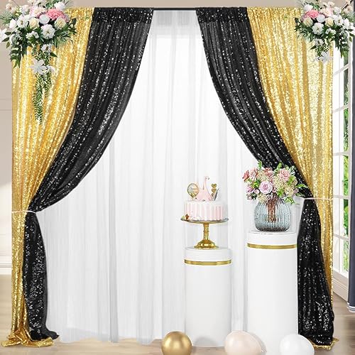 Miniatura 4 de 4 paneles de cortina de lentejuelas negras y doradas de 2 x 8 pies, cortinas de fondo de lentejuelas con purpurina para decoración de fiesta de